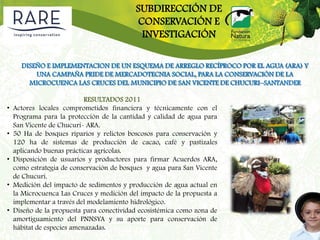 SUBDIRECCIÓN DE
                                           CONSERVACIÓN E
                                            INVESTIGACIÓN

      DISEÑO E IMPLEMENTACION DE UN ESQUEMA DE ARREGLO RECÍPROCO POR EL AGUA (ARA) Y
          UNA CAMPAÑA PRIDE DE MERCADOTECNIA SOCIAL, PARA LA CONSERVACIÓN DE LA
        MICROCUENCA LAS CRUCES DEL MUNICIPIO DE SAN VICENTE DE CHUCURI–SANTANDER

                            RESULTADOS 2011
•   Actores locales comprometidos financiera y técnicamente con el
    Programa para la protección de la cantidad y calidad de agua para
    San Vicente de Chucurí- ARA.
•   50 Ha de bosques riparios y relictos boscosos para conservación y
    120 ha de sistemas de producción de cacao, café y pastizales
    aplicando buenas prácticas agrícolas.
•   Disposición de usuarios y productores para firmar Acuerdos ARA,
    como estrategia de conservación de bosques y agua para San Vicente
    de Chucurí.
•   Medición del impacto de sedimentos y producción de agua actual en
    la Microcuenca Las Cruces y medición del impacto de la propuesta a
    implementar a través del modelamiento hidrológico.
•   Diseño de la propuesta para conectividad ecosistémica como zona de
    amortiguamiento del PNNSYA y su aporte para conservación de
    hábitat de especies amenazadas.
 