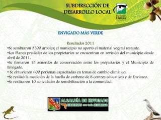 SUBDIRECCIÓN DE
                                 DESARROLLO LOCAL


                              ENVIGADO MÁS VERDE

                                     Resultados 2011
•Se sembraron 3500 árboles; el municipio no aportó el material vegetal restante.
•Los Planes prediales de los propietarios se encuentran en revisión del municipio desde
abril de 2011.
•Se firmaron 15 acuerdos de conservación entre los propietarios y el Municipio de
Envigado.
• Se obtuvieron 600 personas capacitadas en temas de cambio climático.
•Se realizó la medición de la huella de carbono de 8 centros educativos y de Enviaseo.
•Se realizaron 10 actividades de sensibilización a la comunidad.
 