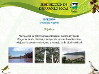 SUBDIRECCIÓN DE
                    DESARROLLO LOCAL


                       BIOREDD+
                    (Proyecto Nuevo)

                        Objetivos

  •Fortalecer la gobernanza ambiental, nacional y local.
 •Mejorar la adaptación y mitigación de cambio climático.
•Mejorar la conservación, uso y manejo de la biodiversidad.
 