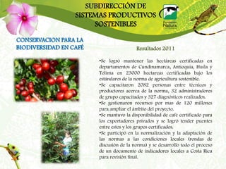 SUBDIRECCIÓN DE
                  SISTEMAS PRODUCTIVOS
                       SOSTENIBLES

CONSERVACION PARA LA
BIODIVERSIDAD EN CAFÉ                    Resultados 2011

                        •Se logró mantener las hectáreas certificadas en
                        departamentos de Cundinamarca, Antioquia, Huila y
                        Tolima en 23000 hectareas certificadas bajo los
                        estándares de la norma de agricultura sostenible.
                        •Se capacitaron 2082 personas entre técnicos y
                        productores acerca de la norma, 32 administradores
                        de grupo capacitados y 327 diagnósticos realizados.
                        •Se gestionaron recursos por mas de 120 millones
                        para ampliar el ámbito del proyecto.
                        •Se mantuvo la disponibilidad de café certificado para
                        los exportadores privados y se logró tender puentes
                        entre estos y los grupos certificados.
                        •Se participó en la normalización y la adaptación de
                        las normas a las condiciones locales (rondas de
                        discusión de la norma) y se desarrollo todo el proceso
                        de un documento de indicadores locales a Costa Rica
                        para revisión final.
 