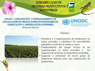 SUBDIRECCIÓN DE
                       SISTEMAS PRODUCTIVOS
                            SOSTENIBLES

 UNODC -CAPACITACIÓN Y FORTALECIMIENTO DE
ASOCIACIONES DE PRODUCTORES EN ESTÁNDARES DE
   VERIFICACIÓN Y CERTIFICACIÓN SOSTENIBLE
               (Proyecto Nuevo)

                                                  Objetivos

                             • Fortalecer a 3 organizaciones de productores en
                               temas asociados a estándares de sostenibilidad
                               aplicables a cultivaos de palma y cacao.
                             • Fortalecimiento del equipo técnico de las
                               organizaciones en temas asociados a            los
                               requisitos de la Norma de Agricultura Sostenible.
                             • Capacitar y conformar un nuevo grupo de
                               inspectores internos para una organización de
                               productores.
 