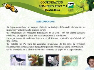 COORDINACIÓN
                                ADMINISTRATIVA Y
                                   FINANCIERA


                              RESULTADOS 2011

•Se logró consolidar un equipo eficiente de trabajo, definiendo claramente las
funciones y estableciendo nuevos cargos.
•Se conciliaron los proyectos finalizados en el 2011 con un cierre contable
confiable, en algunos casos sin excedentes para la Fundación.
•Se capacitaron 11 auditores internos en el Sistema de Gestión de Calidad ISO
9001:2008.
•Se habilitó un PC para las consultas financieras de los jefes de proyecto,
realizando las capacitaciones respectivas para la consulta de dicha información.
•Se ha trabajado en la disminución en el consumo de papel en el departamento.
 