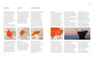 64 65
Cosecha
Chipirón
Rondón
Cravo Norte
Tayrona
RC-11
RC-12
Guajira Oﬀshore 1
Colombia Ecuador Estados Unidos
A finales de 2013, Repsol tenía
en Colombia derechos mineros
sobre 8 bloques: 4 de exploración,
con una superficie neta
de 12.720 km2
, y 4 de desarrollo,
con un área neta de 151 km2
.
La producción neta del año
fue de 1,1 Mbbl (2.904 bbld)
de petróleo. Las reservas probadas
netas al cierre del ejercicio
se estimaban en 3,7 Mbbl.
Hitos 2013
• En el bloque terrestre Cosecha,
participado en su fase exploratoria
por Repsol (25%) y operado por Oxy
(75%), se produjo un descubrimiento
con el sondeo REX-1 durante el
primer semestre de 2013. El bloque se
encuentra en la cuenca de Llanos.
• En el bloque exploratorio marino
Tayrona, donde Repsol participa
con el 30%, se finalizó la campaña
sísmica, registrándose 1.518 km
de sísmica 2D. La licencia ambiental
fue otorgada en mayo de 2013.
Bloque 16
Tivacuno
Repsol tenía en Ecuador al cierre
de 2013 derechos mineros sobre
2 bloques de desarrollo regidos
bajo un contrato de servicios,
efectivo desde 2012, y que cuentan
con una superficie neta de 479 km2
.
La producción neta del año
fue de 4,4 Mbbl (12.071 bbld)
de petróleo, la mayor parte
procedente del bloque 16.
Las reservas probadas netas
de petróleo a fin del ejercicio
se estimaban en 11,6 Mbbl.
Hitos 2013
• En los bloques 16 y Tivacuno,
donde Repsol es la compañía
operadora, se alcanzó en el primer
trimestre de 2013 una producción
total acumulada de 300 millones
de barriles. Repsol está presente
en estos bloques desde los años
2001 y 1992, respectivamente.
Beechey Point
Harrison Bay
Total Alaska
396 bloques
Karo
Posey
Otros
North Slope
(93 bloques)
(232 bloques)
(71 bloques)
Garden Banks, Green
Canyon, Mississippi
Canyon, Atwater Valley,
Keathley Canyon, Walker
RidgeyAlaminos Canyon
Shenzi
Sandridge
Total Golfo de México
119 bloques
A 31 de diciembre de 2013, Repsol
tenía en Estados Unidos derechos
mineros sobre 515 bloques
situados en el Golfo de México
(Green Canyon, Alaminos Canyon,
Atwater Valley, Garden Banks,
Keathley Canyon, Mississippi
Canyon y Walker Ridge) y Alaska
(en las cuencas de North Slope,
Beaufort Sea y Chukchy Sea).
Del total, 509 son de exploración,
con una superficie neta de 6.047 km2
,
y los otros 6 son de desarrollo
(39 km2
). Adicionalmente, Repsol
participa en el importante proyecto
de recursos no convencionales
de Mississippian Lime. La
producción neta del año se situó
en 11,1 Mbep (30.333 bepd),
mientras que las reservas probadas
netas al cierre del ejercicio
se estimaban en 45,4 Mbep.
En 2013 se terminaron 3 sondeos
exploratorios, se compraron
27.094 km2
de sísmica marina 3D
y se registraron 823 km2
de sísmica
terrestre 3D.
Hitos 2013
• En abril de 2013, Repsol anunció
tres descubrimientos de petróleo
a diferentes profundidades
con los tres pozos perforados
en la campaña exploratoria
2012-2013 en Alaska. Los pozos
denominados Qugruk 1 (Q-1)
y Qugruk 6 (Q-6) mostraron
hidrocarburos en dos niveles
con resultados alentadores en las
pruebas de producción, mientras
que en el pozo Qugruk 3 (Q-3)
se encontraron hidrocarburos
en múltiples niveles. Los pozos
Q-1, Q-3 y Q-6 alcanzaron
profundidades de 2.493 metros,
3.214 metros y 2.637 metros,
respectivamente. Los trabajos
de evaluación y exploración
han continuado durante el invierno
de 2013-2014 (las actividades
de exploración en esta zona sólo
se pueden realizar cuatro meses
al año, cuando el terreno está
congelado). Con una participación
del 70%, Repsol es el operador
del consorcio descubridor,
en asociación con las compañías
norteamericanas 70 & 48 LLC
(22,5%), subsidiaria de Armstrong
Oil and Gas, y GMT Exploration
Company (7,5%).
El North Slope de Alaska es un área
especialmente prometedora para
Repsol, que ya ha demostrado ser
rica en petróleo.
• En Alaska, durante 2013, se
adjudicaron oficialmente a Repsol
los 41 bloques previamente
notificados como la mayor oferta
realizada en las rondas NS-2012W
y BS-2012W de Alaska North Slope
en noviembre de 2012.
• En el Golfo de México
estadounidense, las autoridades
del país, en la ronda exploratoria
227 de marzo de 2013, adjudicaron
dos nuevos bloques exploratorios
a Repsol. Los bloques marinos
son Green Canyon-GC 581,
en el que Repsol participa con
un 40%, y Atwater Valley-AT 172,
en el que participa con el 100%.
• En el activo de recursos
no convencionales del yacimiento
Mississippian Lime, situado entre
los estados de Kansas y Oklahoma,
en el que Repsol participa tras
el acuerdo ratificado en 2012
con la petrolera estadounidense
SandRidge Energy, se continuó
en 2013 con la intensa campaña de
perforación, con más de 400 pozos
productores completados en el año.
• En el importante activo
productivo de Shenzi, ubicado
en aguas profundas del Golfo
de México y donde Repsol tiene
un 28% de participación, en 2013
se terminó la perforación de dos
pozos de desarrollo y se inició
un tercero. Actualmente
hay 16 pozos en producción
(14 a través de la plataforma
Shenzi y 2 a través de la plataforma
Marco Polo) y se han perforado
cuatro pozos inyectores,
dos de ellos en 2013.
• En el primer semestre
de 2013 se inició la perforación
del segundo sondeo de evaluación
UPSTREAM
 