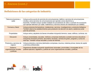 7. Anexos (cont.)
Definiciones de las categorías de industria
Telecomunicaciones y
cable
Incluye punto-a-punto de servicios de comunicaciones, teléfono, servicios de comunicaciones
móviles y otros servicios de comunicaciones (por ejemplo correo electrónico y
facsimile). También incluye canales múltiples de proveedores de video a comisión de suscripción
(por ejemplo televisión por cable, inalámbrica y servicios directos de radiodifusión por satélite).
Farmacia y Salud Incluye productos farmacéuticos, instalaciones, servicios, investigaciones y productos biológicos.
También abarca los establecimientos para prestación de atención de salud y asistencia social
para las personas.
Propiedades Incluye venta y alquileres de bienes inmuebles incluyendo terrenos, casas, edificios, cocheras, etc.
Educación Incluye universidades, escuelas, institutos y empresas dedicados a prestar servicios educativos
incluyendo formación primaria, secundaria, terciarias, carreras de grado, posgrado y cursos de
todo tipo. También incluye escuelas y cursos de idiomas.
Productos y servicios de
negocio
Incluye productos y servicios destinados a empresas, insumos, materias primas, bienes de capital
y servicios profesionales
Gobierno,
organizaciones sociales
y políticas
Organismos oficiales incluyendo reparticiones nacionales, provinciales y municipales de los
poderes ejecutivo, legislativo y judicial así como organizaciones sociales y políticas.
23
 