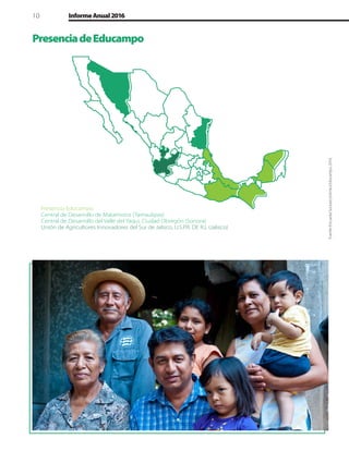 10 InformeAnual2016
PresenciadeEducampo
Fuente:EncuestaSocioeconómicaEducampo,2016.
Presencia Educampo
Central de Desarrollo de Matamoros (Tamaulipas)
Central de Desarrollo del Valle del Yaqui, Ciudad Obregón (Sonora)
Unión de Agricultores Innovadores del Sur de Jalisco, U.S.P.R. DE R.L (Jalisco)
 