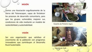 MISIÓN
Somos una Asociación orgullosamente de la
Sierra del Totonacapan, capaz de fortalecer
los procesos de desarrollo co...