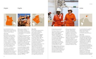 56 57
Argelia
UPSTREAM
Angola
Repsol poseía en Argelia al cierre
de 2014 derechos mineros
sobre 3 bloques: 1 de exploración,
con una superficie neta de 2.162 km2
,
y 2 de desarrollo, con una superficie
neta de 998 km2
.
La producción neta del año se situó
en 0,8 Mbbl de líquidos y 11 bscf
de gas natural, con una producción
neta total equivalente de 2,7 Mbep
(7.518 bepd), procedente del bloque
TFT (operado conjuntamente
por Sonatrach y Total). Las reservas
probadas netas de líquidos y gas
natural a fin de año se estimaban
en 22,5 Mbep. En 2014 se registraron
1.013 km2
de sísmica 3D.
La actividad de Repsol en Argelia
se centra en la explotación de un
activo en producción (Tin-Fouyé
Tabenkort), en el desarrollo de un
proyecto de gas considerado
como clave en el Plan Estratégico
2012-2016 (Reggane) y en otro
exploratorio (SE Illizi).
A 31 de diciembre de 2014,
Repsol poseía en el país derechos
mineros sobre 3 bloques, con una
superficie neta de 3.854 km2
.
Hitos 2014
• Se concluyeron dos sondeos
exploratorios, que están en fase
de evaluación. En el bloque 22,
donde Repsol es el operador
y cuenta con una participación
del 30%, se perforó el sondeo
Locosso-1. También se completó
el sondeo Ombovo-1 en el bloque
35, donde Repsol participa con un
25%. Ambos bloques se sitúan
en el presalino angoleño, en la
cuenca marina de Kwanza.
En Locosso-1 se empleó el buque
de posicionamiento dinámico
de última generación Rowan
Renaissance. Este barco, junto con el
Ocean Rig Mylos, fue contratado
por Repsol en 2012 para potenciar
la actividad offshore de la compañía.
Hitos 2014
• En el segundo trimestre del año
se dio un paso fundamental
para la puesta en producción
del importante proyecto
de desarrollo de gas de Reggane
Nord: el Groupement Reggane
-consorcio operador formado
por Sonatrach, Repsol, RWE Dea
y Edison International- firmó
el contrato de ingeniería, compras,
construcción, comisionado y puesta
en marcha de las instalaciones
de superficie del proyecto.
Este contrato incluye la construcción
de una planta de tratamiento
de gas de 8 millones de metros
cúbicos diarios de capacidad
nominal, la red de colecta de pozos
productores y la línea de expedición
de gas que conectará dicha planta
al gasoducto troncal GR-5. Se prevé
que estos trabajos duren 36 meses
y que se empiece a producir gas
en el segundo semestre de 2017.
En enero de 2015 se iniciaron
las labores de perforación.
Este proyecto de gas en el Sáhara
argelino incluye el desarrollo
de seis campos (Reggane,
Kahlouche, Kahlouche Sud, Sali,
Tiouliline, y Azrafil Sudest)
en la cuenca de Reggane, que
se encuentra unos 1.500 kilómetros
al suroeste de Argel. Repsol
participa en este proyecto
con un 29,25%, operando
conjuntamente con la empresa
estatal argelina Sonatrach (40%),
la alemana RWE Dea (19,5%)
y la italiana Edison (11,25%).
• En Reggane finalizó en abril de 2014
una campaña de adquisición sísmica
3D con el objetivo de mejorar la
resolución y calidad de la información
de los yacimientos. Se espera tener
procesados los nuevos datos
en el primer semestre de 2015.
• En la 4a
ronda exploratoria
de ALNAFT, Repsol obtuvo
una nueva área exploratoria
en Argelia. Se trata del bloque
Boughezoul, situado en el norte
del país, en la zona del Atlas
y que abarca unos 20.000 km2
.
En octubre se firmó con el gobierno
argelino el contrato de exploración
y explotación. Repsol será
la compañía operadora, con una
participación del 51% en la fase
exploratoria (25% en la futura fase
de desarrollo). A 31 de diciembre
de 2014, este permiso estaba
pendiente de ratificación oficial.
Aruba
A 31 de diciembre de 2014,Repsol
poseía en este país derechos
mineros sobre 1 bloque
de exploración que abarca
una superficie neta de 5.026 km2
.
Hitos 2014
• En la primera mitad de 2014
se hizo efectiva la entrada de las
compañías Total (35%) y BG (30%)
en este proyecto offshore. Repsol
se mantiene como la compañía
operadora (35%). En la segunda
mitad del ejercicio se realizó una
campaña de adquisición
de 3.247 km2
de sísmica 3D que,
tras su procesamiento durante 2015,
permitirá definir la posible ubicación
del primer sondeo exploratorio,
previsto para 2016. El bloque Aruba
PSC, con una extensión
de 14.360 km2
, fue adjudicado
a Repsol en 2012 con el 100%
de participación. Este contrato
se divide en cuatro fases exploratorias
y actualmente se está en la segunda.
 