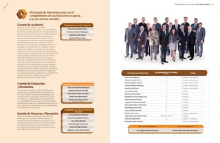El Consejo de Administración, en el
cumplimiento de sus funciones se apoya,
a su vez en tres comités:
Comité de Auditoría
Integrado únicamente por consejeros
independientes, sus principales funciones consisten
en: verificar que las operaciones de Grupo Bimbo se
lleven a cabo dentro del marco normativo aplicable,
teniendo la facultad de evaluar y supervisar las
labores de la administración en relación con el
cumplimiento de políticas y prácticas contables,
el desempeño del auditor o auditores internos y
externos de Grupo Bimbo, investigar violaciones a
las políticas de control interno y auditoría interna y
evaluar las políticas de administración de riesgos,
entre otras. Asimismo, el Comité de Auditoría podrá
opinar sobre las modificaciones y cambios relevantes
que se hubieren realizado a las políticas, criterios
y prácticas contables conforme a las cuales se
elaboren los estados financieros de Grupo Bimbo,
así como respecto de la ejecución de operaciones
relevantes o inusuales y emitir opiniones respecto
de operaciones con partes relacionadas, opiniones
respecto del nombramiento, evaluación y destitución
del Director General y demás directivos relevantes,
así como respecto de las políticas para la retribución
integral del Director General y de los demás
directivos relevantes de Grupo Bimbo.
Comité de Evaluación
y Resultados
Se encarga de analizar y aprobar la estructura
general de compensación de Grupo Bimbo, así
como las políticas y lineamientos generales de
compensación y programas de desarrollo de los
funcionarios y colaboradores de Grupo Bimbo y
sus subsidiarias. De igual manera, el Comité tiene
la facultad de analizar los resultados financieros de
Grupo Bimbo y su impacto en la estructura general
de compensación del Grupo.
Comité de Finanzas y Planeación
Tiene las facultades de analizar y someter a la
aprobación del Consejo de Administración, la
evaluación de las estrategias a largo plazo y las
principales políticas de inversión y financiamiento
de Grupo Bimbo, así como la identificación de
sus riesgos y la evaluación de las políticas para la
administración de los mismos.
Presidente: Henry Davis Signoret
Arturo Fernández Pérez
Thomas Heather Rodríguez
Agustín Irurita Pérez
Ignacio Pérez Lizaur
Presidente: Raúl Obregón del Corral
Thomas Heather Rodríguez
Nicolás Mariscal Servitje
Edmundo Vallejo Venegas
Daniel Servitje Montull
Roberto Servitje Sendra
(hasta el 1º de julio 2013)
Presidente: José Ignacio Mariscal
Torroella
Javier de Pedro Espínola
Ricardo Guajardo Touché
Luis Jorba Servitje
Raúl Obregón del Corral
Daniel Servitje Montull
Guillermo Jorge Quiroz Abed
Consejeros propietarios Antigüedad en el Consejo
(años) Cargo
Henry Davis Signoret 12 Consejero Independiente
Arturo Fernández Pérez 4 Consejero Independiente
Ricardo Guajardo Touché 8 Consejero Independiente
Thomas Heather Rodríguez 1 Consejero Independiente
Agustín Irurita Pérez 7 Consejero Independiente
Luis Jorba Servitje 4 Consejero
Mauricio Jorba Servitje 17 Consejero
Fernando Lerdo de Tejada Luna 2 Consejero
Nicolás Mariscal Servitje 5 Consejero
José Ignacio Mariscal Torroella 24 Consejero
María Isabel Mata Torrallardona 5 Consejero
Raúl Obregón del Corral 16 Consejero
Javier de Pedro Espínola 2 Consejero
Ignacio Pérez Lizaur 2 Consejero Independiente
Jorge Pedro Jaime Sendra Mata Menos de un año Consejero
Daniel Servitje Montull 19 Consejero / Presidente
Edmundo Vallejo Venegas 1 Consejero Independiente
Secretario Propietario Secretario Suplente
Luis Miguel Briola Clément Pedro Pablo Barragán Barragán
4.11
INFORME ANUAL INTEGRADO 2013 GRUPO BIMBO | 1918
GRI
 