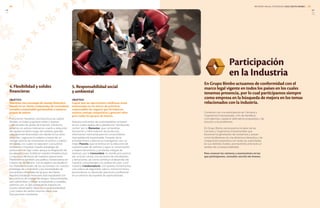 4. Flexibilidad y solidez
financieras
OBJETIVO:
Mantener una estrategia de manejo financiero
basada en un fuerte compromiso de crecimiento
rentable y sustentable que beneficie a nuestros
grupos de interés.
Procuramos mantener una estructura de capital
flexible, un balance general sólido y buenas
calificaciones de grado de inversión. Asimismo,
tenemos un exitoso historial en cuanto a reducción
del apalancamiento luego de nuestras grandes
adquisiciones financiadas con deuda en los años
recientes. Logramos lo anterior a través de un
manejo estricto de inversiones en activos y capital
de trabajo, los cuales se asignaron a proyectos
tendientes a impulsar nuestra estrategia de
producción de bajo costo, apoyar la integración de
las adquisiciones, fortalecer nuestra infraestructura
y mejorar la eficiencia de nuestras operaciones.
Mantenemos también una política conservadora en
materia de dividendos, con el objetivo de equilibrar
los intereses actuales de los accionistas con nuestra
estrategia de crecimiento y las necesidades de
una amplia comunidad de grupos de interés.
Nuestra estrategia financiera está respaldada con
las prácticas de manejo de riesgos, instrumentadas
para administrar y mitigar la exposición a variables
externas con un alto potencial de impacto en
nuestro desempeño, tales como la disponibilidad
y los costos de ciertos insumos clave y las
fluctuaciones cambiarias.
5. Responsabilidad social
y ambiental
OBJETIVO:
Lograr que las operaciones cotidianas estén
sustentadas en un marco de prácticas
responsables de negocio que fortalezcan
nuestra ventaja competitiva y generen valor
para todos los grupos de interés.
Nuestros esfuerzos de sustentabilidad se basan
en los cuatro pilares de la plataforma “Sembrando
Juntos” por tu Bienestar, que comprende
innovación y reformulación de productos,
información nutricional para los consumidores,
mercadotecnia responsable, fomento de la
actividad física y alianzas e investigación; por un
mejor Planeta, que se enfoca en la reducción de
nuestra huella de carbono y agua, la conservación
y mejora del entorno y el manejo integral de
residuos; por la Comunidad, en donde procuramos
ser un buen vecino con acciones de voluntariado
y donaciones, así como contribuir al desarrollo de
nuestras comunidades y la cadena de valor; y por
nuestros Colaboradores, con quienes fomentamos
una cultura de seguridad, salud y activación física;
promovemos su desarrollo personal y profesional
en un entorno de equidad de oportunidades.
Participación
en la Industria
En Grupo Bimbo actuamos de conformidad con el
marco legal vigente en todos los países en los cuales
tenemos presencia, por lo cual participamos siempre
como empresa en la búsqueda de mejora en los temas
relacionados con la industria.
Contamos con una participación en Cámaras y
Organismos Empresariales, a fin de identificar
coincidencias y explorar alternativas propuestas y de
solución a los problemas.
En Grupo Bimbo reconocemos la labor de las
Cámaras y Organismos Empresariales que
favorecen la generación de consensos y actúan
como facilitadores en una dinámica interactiva y de
cooperación propositiva con todas las autoridades
en sus distintos niveles, promoviendo ante todo un
sentido de corresponsabilidad.
Para conocer las cámaras y asociaciones en las
que participamos, consultar sección de Anexos.
4.11 4.13
SO5
INFORME ANUAL INTEGRADO 2013 GRUPO BIMBO | 3534
GRIGRI
 