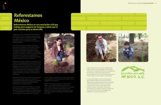 EN11
EN13
EN14
Cabe mencionar que en 2013 la organización
obtuvo estatus como consultor en el Consejo
Económico y Social (ECOSOC) de la Organización
de Naciones Unidas. Adicionalmente fue
nominada dentro de los “100 Innovadores para el
Próximo Siglo” por la Fundación Rockefeller.
A través del trabajo con las comunidades y
del empoderamiento de las personas para
desarrollar actividades productivas en bosques
y selvas, Reforestamos México ha logrado
incrementar el número de hectáreas bajo
cuidado forestal sustentable, alcanzando
actualmente las 263,565, el apoyo al desarrollo
de 233 personas de 26 comunidades que
realizaron 27 proyectos productivos.
Surgida como una iniciativa de Grupo Bimbo y
constituida en 2002, el éxito de sus operaciones
a lo largo de más de una década le ha permitido
consolidarse como una de las principales
organizaciones en el cuidado de los bosques y
selvas de México.
Con el fin de preservar el capital natural que
representan los bosques, Reforestamos México
busca que estos generen bienes y servicios
de manera sustentable, atendiendo aspectos
ambientales, sociales y económicos. Su enfoque
consiste en empoderar a personas y comunidades
forestales para que generen capacidades y
obtengan un ingreso digno del aprovechamiento
responsable de sus recursos naturales.
Reforestamos México trabaja con empresas para
invertir en la reforestación de zonas de alto valor
de conservación. Durante 2013, en alianza con 46
empresas, entre ellas Grupo Bimbo, se convocó
a más de 9 mil 100 voluntarios, quienes apoyaron
en la reforestación de 90 hectáreas de bosque
en áreas prioritarias como el Nevado de Toluca,
Estado de México, y el Bosque La Primavera, en
Guadalajara.
Además, busca generar vínculos entre empresas
forestales y grandes empresas mediante la
promoción de políticas de compras responsables,
y más allá, con el desarrollo de proveedores
forestales en su cadena de valor.
Durante 2013, Reforestamos México se enfocó
en el desarrollo de un modelo de Agencia de
Desarrollo Forestal Empresarial con operaciones
en el sureste del país. Actualmente, ésta trabaja
con 100 personas organizadas en 10 grupos
Reforestamos
México
Reforestamos México es una asociación civil que
trabaja para asegurar los bosques y selvas que el
país necesita para su desarrollo.
encaminados a convertirse en empresas forestales
con productos tan diversos como la madera, miel o
proyectos de ecoturismo.
Otra de las zonas prioritarias es el Nevado de
Toluca, en el Estado de México, donde en la
comunidad de Agua Blanca trabajó con dos grupos
que realizan actividades productivas como la
producción de trucha, hongos, ganado ovino y un
vivero para producir árboles para la reforestación
de la zona.
EN11
EN13
EN14
EN15
INFORME ANUAL INTEGRADO 2013 GRUPO BIMBO |
GRI
7978
 