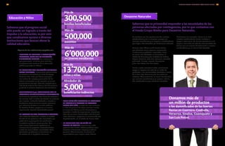 Se conforma por las aportaciones de nuestros
colaboradores y de la empresa, y apoya con
recursos económicos y en especie a colaboradores
que hayan sido afectados por fenómenos naturales.
Durante 2013, México sufrió fuertes lluvias
que afectaron varias regiones, provocando
inundaciones y pérdidas irreparables. Entre
las zonas más afectadas se encuentran: el
Estado de Guerrero y las ciudades de Piedras
Negras, Coahuila; Poza Rica, Veracruz; Mazatlán
y Culiacán, Sinaloa; Irapuato, Guanajuato;
y San Luis Potosí, San Luis Potosí.
Frente a estos acontecimientos, canalizamos
apoyo en especie con más de un millón de
productos, a las comunidades afectadas a través
de la Cruz Roja Mexicana y de los gobiernos
estatales. Adicionalmente, se vieron beneficiados
por recursos económicos y en especie más de
100 colaboradores que resultaron afectados.
Realizamos una campaña interna en la cual
nuestros colaboradores fueron invitados a
apoyar a esta causa, de manera económica o en
especie, reuniendo así más de siete toneladas de
víveres que se enviaron directamente a nuestros
colaboradores y a la comunidad afectada.
Donamos más de
un millón de productos
a los damnificados de las fuertes
lluvias en Guerrero, Coahuila,
Veracruz, Sinaloa, Guanajuato y
San Luis Potosí.
Desastres Naturales
Sabemos que es primordial responder a las necesidades de las
personas afectadas por contingencias, por lo que contamos con
el Fondo Grupo Bimbo para Desastres Naturales.
Educación y Niñez
300,500familias beneficiadas
Más de
docentes
beneficiarios indirectos
de jóvenes estudiantes
niños y niñas
Más de
Alrededor de
Más de
Más de
500,000
5,000
6’000,000
13’700,000
Sabemos que el progreso social
sólo puede ser logrado a través del
impulso a la educación, es por esto
que canalizamos apoyos a diversas
instituciones que buscan elevar la
calidad educativa.
Algunas de las instituciones apoyadas son:
•	 INSTITUTO DE FOMENTO E INVESTIGACIÓN
EDUCATIVA, SUMA POR LA EDUCACIÓN
Y MEXICANOS PRIMERO son instituciones
que promueven iniciativas para contribuir
al mejoramiento contínuo de la educación
pública y privada en México.
• EN CONJUNTO CON FUNDACIÓN TELEVISA Y
OTRAS EMPRESAS, nuevamente patrocinamos
el calendario de valores y la Guía de Apoyo
Docente 2012-2013, que busca promover
una cultura de respeto y promoción de los
valores universales en las escuelas primarias
y secundarias del país. Este año impactamos a
más de 13 millones de niños y niñas de primaria,
y más de 6 millones de jóvenes de secundaria.
• BENEFICIAMOS A 400 ESTUDIANTES CON EL
PROGRAMA EMPRENDEDORES Y EMPRESARIOS,
en el cual se impartieron 600 horas de asesoría a
los mismos. Esta iniciativa fue llevada en conjunto
con Impulsa, institución dedicada a enseñar a
los jóvenes cómo funciona nuestra economía
y la influencia de ésta en su vida cotidiana.
En Estados Unidos, apoyamos a la misma
organización, llamada Junior Achievement.
• EN ESTADOS UNIDOS, APOYAMOS A ENACTUS,
una institución dedicada a mejorar la calidad
de vida de las personas más necesitadas por
medio de la participación de estudiantes,
la academia y líderes empresariales. Con
esta misma organización ayudamos al
arranque de 14 proyectos autosustentables
a favor de comunidades necesitadas, éstas
ejecutadas por jóvenes universitarios, en
16 estados de la República Mexicana.
•	 COMO CADA AÑO APOYAMOS EL PROGRAMA
DE PATROCINIO ESCOLAR DE PAPALOTE
MUSEO DEL NIÑO, a través del cual invitamos
a niños de primaria de bajos recursos a visitar
el museo de México y el de Cuernavaca y
aprender a través de experiencias interactivas.
Este año se vieron beneficiados más de 9,000
niños. Asimismo, apoyamos la construcción del
Papalote Verde, en el estado de Nuevo León.
•	 EN CONJUNTO CON LA UNIÓN DE
PADRES DE FAMILIA, capacitamos a 384
personas con cursos, talleres y pláticas para
fomentar el desarrollo integral y armónico
personal. Adicionalmente, formamos 18
capacitadores para impartir estos talleres.
INFORME ANUAL INTEGRADO 2013 GRUPO BIMBO | 9392
 