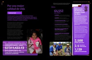 El 25 de agosto de 2013 llevamos a
cabo la reforestación de Fundación
patronato Pro Zona Mazahua y
Voluntariado Bimbo Contigo, en la
comunidad Mazahua de Dotegiare,
ubicada en el Estado de México.
Participaron 127 colaboradores
voluntarios y familiares del Centro de
Ventas de Atlacomulco y de la planta
Moldex Toluca.
Gracias a esta reforestación contribuimos al
mejoramiento económico, socialy ecológico de
la comunidad, que es una de las más vulnerables
del Estado de México, ya que enfrenta
problemas de marginación, escasez de agua y
deforestación, que impactan negativamente en
el desarrollo productivo de la región. A través de
la reforestación dimos continuidad al proyecto de
Fundación Pro Mazahua para brindar una mejor
calidad de vida a los habitantes de la comunidad.
Miembros de la comunidad acompañaron
en todo momento a nuestros voluntarios
haciendo de esta experiencia una
verdadera labor de equipo, en la que se
lograron los siguientes resultados:
Reforestación
ProMazahuaen
Dotegiare,Estado
deMéxico
64,552voluntarios
•	 EN OAXACA, realizamos talleres de lectura y
donación de libros para la comunidad Mixteca.
•	 EN TOLUCA, elaboramos materiales
didácticos para niños con parálisis cerebral.
•	 EN LA ZONA CENTRO DEL PAÍS, realizamos
la donación y entrega de juguetes a niños
con cáncer y de bajos recursos.
•	 EN LA COMUNIDAD DE LA NOPALERA,
Estado de México, entregamos despensas,
brindamos consultas médicas y apoyamos en
el mantenimiento de instalaciones educativas.
•	 CON MOTIVO DE LA CELEBRACIÓN DEL
DÍA DEL NIÑO Y NAVIDAD, visitamos
albergues e instituciones infantiles en el
Distrito Federal y Estado de México.
•	 EN COLABORACIÓN CON REFORESTAMOS
MÉXICO, A.C. realizamos cinco jornadas de
reforestación en: Topilejo, Distrito Federal;
Dotegiare y Nevado de Toluca (2), en el Estado de
México; y Bosque de la Primavera, en Guadalajara
contando con la participación de 1,747 voluntarios,
quienes con su labor beneficiaron a más de
3,578 personas que residen en esas zonas.
Destacamos los siguientes eventos que llevamos
a cabo a lo largo de todas las organizaciones:
2,500árboles plantados
2.5
1,139habitantesbeneficiados
hectáreas
reforestadas
Por una mejor
calidad de vida
Nuestro Voluntariado tiene el objetivo de impulsar
la participación activa de nuestros colaboradores
y sus familias en programas que impacten
de manera positiva el desarrollo y calidad de
vida de las comunidades en las que tenemos
presencia, dando solución a sus necesidades
y ofreciéndoles un mejor presente y futuro.
Existen distintas maneras de participar en
nuestro Voluntariado. Los colaboradores pueden
otorgar donativos económicos canalizados a
la institución de su preferencia, dentro de las
definidas por un comité, o bien, pueden realizar
actividades de voluntariado brindando su tiempo
en proyectos de apoyo a comunidades.
Durante 2013, contamos con 68,537 voluntarios,
llevando a cabo un total de 95 eventos, en los
países en los que tenemos operaciones.
Creemos que la responsabilidad social no incluye
solamente nuestras acciones como empresa, sino que es
necesario que se convierta en un pilar de nuestra cultura
cotidiana y que guíe nuestras acciones.
Gracias al apoyo económico de nuestros
colaboradores, logramos recaudar
$3’311,422.13
pesos, cantidad duplicada por
Grupo Bimbo y destinada a distintas
asociaciones predefinidas.
Voluntariado
México:
INFORME ANUAL INTEGRADO 2013 GRUPO BIMBO |
GRIGRI
9594
EC8
FP4
SO1
EN13
 