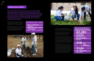 Asimismo, 820 de nuestros colaboradores
voluntarios en Guatemala y El Salvador se unieron a
la campaña de Fundación Azteca en su localidad.
Para dar continuidad a esta iniciativa, en México
llevamos a cabo ocho jornadas locales de
limpieza de espacios públicos, en donde se
recolectaron 2,298 costales de basura.
En Costa Rica adoptamos esta buena práctica
organizando una jornada de limpieza, en la cual 50
participantes recolectaron 470 kg de residuos, los
cuales clasificaron para su correcta disposición. A
su vez, en Venezuela llevamos a cabo tres eventos
de limpieza, uno de playas y dos más de plazas
públicas, con una participación de 25 voluntarios.
De forma paralela, también en conjunto con
Fundación Azteca, pusimos en marcha un proyecto
en la ciudad de San Luis Potosí, en el que un
comité ciudadano encabezado por colaboradores
de Bimbo, Barcel y Fundación Azteca, trabajan
en conjunto con la sociedad civil y los gobiernos
locales en proyectos permanentes de manejo de
basura. Fruto de esta labor, San Luis Potosí fue
distinguida en el mes de abril como la primera
de las “Ciudades más Limpias de México”.
62,382colaboradores
y sus familias
participaron en la
jornada nacional de
limpieza
318
11.6%
ton de
basura
recoletadas
más colaboradores
que en 2012
El 26 de mayo se realizó la jornada nacional de
limpieza, organizada por Fundación Azteca y co-
patrocinada por Bimbo, en donde se invita a la
población a salir a limpiar un espacio público.
Durante esta jornada, contamos con la participación
de nuestros colaboradores voluntarios, familiares
y amigos, quienes ayudaron a limpiar parques,
plazas, bosques, playas, calles y monumentos
en diferentes ciudades de todo el país.
Como parte de las acciones que tenemos a favor del cuidado
del medio ambiente, durante 2013 patrocinamos por cuarto
año consecutivo la campaña Limpiemos Nuestro México, la cual
tiene como objetivo sensibilizar a la población sobre el problema
de la basura y crear una cultura de manejo responsable de los
residuos logrando una correcta disposición, para reciclaje y
reutilización de la misma.
• Más de 7 millones de
personas
• 36,549 toneladas de basura
recolectadas
Limpiemos Nuestro México
Cifras de Grupo Bimbo en
Limpiemos Nuestro México:
INFORME ANUAL INTEGRADO 2013 GRUPO BIMBO |
GRI
9998
EN8
FP4
G4-SO1
 