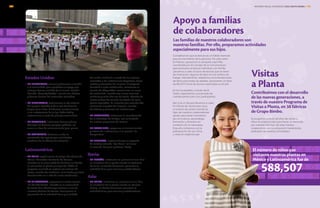 Consideramos que la lectura es un hábito esencial
para el crecimiento de la persona. Por esta razón,
en México, apoyamos la campaña Leer Más,
coordinada por el Consejo de la Comunicación,
que promueve la lectura individual y en familia.
Llevamos a cabo círculos de lectura que sirvieran
de motivación, algunos de ellos en los centros de
trabajo. Internamente, realizamos recomendaciones
de libros para todas las edades, alcanzando un total
de 667,677 horas de lectura reportadas en el año.
En forma paralela, a través de El
Globo organizamos una jornada de
cuentacuentos para 100 participantes.
Del 13 al 20 de julio llevamos a cabo
la Colonia de Vacaciones 2013,
un evento de verano donde los
hijos de nuestros colaboradores
asisten para tener momentos
de convivencia, aprendizaje,
formación y diversión en
contacto con la naturaleza.
Este año contamos con la
participación de 120 niños
y niñas en edad escolar.
Apoyo a familias
de colaboradores
Las familias de nuestros colaboradores son
nuestras familias. Por ello, preparamos actividades
especialmente para sus hijos.
Estados Unidos:
•	 EN NUEVA YORK, creamos y donamos un jardín
a la comunidad, para agradecer el apoyo que
siempre hemos recibido de la misma. El jardín
llamado “Serenity Garden”, cuenta con árboles
y bancas hechas de materiales reciclados.
•	 EN PENSILVANIA, restauramos la reja exterior
del parque Tweedle y de la reja del área de
juegos para niños, brindamos mantenimiento
a las instalaciones de la liga Babe Ruth y
restauramos la pista de patinaje comunitaria.
•	 EN WISCONSIN, instalamos bancas y áreas
de juego en diversos parques públicos, así
como un área de entrenamiento para perros.
•	 EN CALIFORNIA, llevamos a cabo la
renovación del equipo para actividades
acuáticas de la alberca de Placentia.
Latinoamérica:
•	 EN CHILE, apadrinamos al colegio de educación
básica “Mercedes Fontecilla de Carrera”,
ubicado en la comunidad de Quilicura en donde
se encuentra la planta principal de IDEAL. El
proyecto consistió en mejorar los salones de
clases, cambio de mobiliario, iluminación y pintura,
beneficiando así a más de 1,000 estudiantes.
•	 EN EL SALVADOR, apoyamos al centro escolar
“Dr. Arnulfo Castro” ubicado en la comunidad
de Santa Ana, Chalchuapa cercana a uno de
nuestros Centros de Ventas. Procuramos la
promoción de la actividad física y el cuidado
del medio ambiente a través de las mejoras
realizadas a las instalaciones deportivas, áreas
verdes y campañas de limpieza. El proyecto
benefició a 1,500 estudiantes, renovamos la
cancha de básquetbol, construimos un muro
de contención, cambiamos nueve servicios
sanitarios y ocho láminas de techo, además de
nueve metros de canales de bajada de agua
pluvial reparados. En conjunto con voluntariado
realizamos brigadas de limpieza, siembra
de árboles y pintamos las instalaciones.
•	 EN GUATEMALA, realizamos la remodelación
de la biblioteca de El Tejar, con la finalidad
de mejorar programas de lectura.
•	 EN COSTA RICA, apoyamos el mantenimiento
y mejora de instalaciones a la escuela “La
Cooperativa”.
•	 EN URUGUAY, implementamos el proyecto
de salud y nutrición “Los Pinos”, así como
la creación del paso peatonal “Pluky”.
Iberia:
•	 EN ESPAÑA, instalamos un gimnasio al aire libre
en el exterior de la planta situada en Agüimes,
Canarias, en donde buscamos promover la
actividad física para vecinos y colaboradores.
Asia:
•	 EN CHINA, instalamos un gimnasio al aire libre
en el exterior de la planta situada en Baimao,
Beijing, en donde buscamos promover la
actividad física para vecinos y colaboradores.
Visitas
a Planta
Contribuimos con el desarrollo
de las nuevas generaciones, a
través de nuestro Programa de
Visitas a Planta, en 38 fábricas
de Grupo Bimbo.
El programa cumplió 58 años de recibir a
niños en edad escolar para hacer un recorrido
por nuestras fábricas. De esta manera,
colaboramos con su educación haciéndolos
partícipes de nuestras actividades.
El número de niños que
visitaron nuestras plantas en
México y Latinoamérica fue de
588,507
INFORME ANUAL INTEGRADO 2013 GRUPO BIMBO | 103102
 