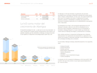 ABENGOA Informe Anual 2014 | 06.1 La I+D en Abengoa pág. 20
Resumen 2012 2013 2014
Var. 14-13
(%)
Patentes solicitadas
(acumulado)
200 261 312 19,5
Número de doctores 49 85 92 8,2
La I+D como motor del
crecimiento de Abengoa
El desarrollo tecnológico ha sido —y cada vez lo es con más intensidad— la
causa principal de los mayores avances socioeconómicos de la historia. Las
grandes compañías que han mantenido su liderazgo a lo largo de los años
lo han basado en el desarrollo de tecnología propia a partir de su I+D.
En Abengoa, la I+D está orientada a la generación de soluciones
tecnológicas que contribuyan al desarrollo sostenible de las áreas donde
opera: energía y medioambiente. Se trata, pues, de la pieza fundamental
para situar a la compañía como líder en la generación de nuevos
productos, procesos y metodologías concebidos para proporcionar
soluciones innovadoras respetuosas con el medioambiente y que generen
valor a largo plazo.
En búsqueda de una mejor y más transversal organización de la I+D,
Abengoa ha llevado a cabo en el año 2014 la remodelación de su
estructura interna de gestión y desarrollo de la I+D centralizando su
actividad en Abengoa Research; un nuevo modelo que fomenta de
manera directa el liderazgo tecnológico y empresarial de la compañía.
Estos cambios acentúan el compromiso de Abengoa de ser referente
internacional en I+D, generación de conocimiento y su aplicación en el
ámbito de la energía y el desarrollo sostenible, lo que constituye el motor
de la estrategia tecnológica de la compañía.
En ese sentido, Abengoa investiga y desarrolla proyectos en las siguientes
áreas:
›› Energía termosolar
›› Energía fotovoltaica
›› Procesos químicos
›› Biotecnología y bioproductos
›› Sistemas de potencia
›› Hidrógeno
›› Desalación, reúso y tratamiento de agua
›› Cultivos energéticos
La inversión en I+D e innovación de Abengoa en 2014 fue de 597,7 M€,
un 40 % más que el año anterior, lo que supone aproximadamente el
8,1 % de sus ventas.
2014 2013 2011 2010
350,9
211,9
4,5
11,6
7,3
11,4
597,7
8,3
5,1
15,1262,5
5,1
130,0
426,3
2012
89,3
2,6
5,9
14,210,507
14,7
41,2
90,6
0,2
4,4
10,73,4
29,2
42,4 69,2
3,9
6,83,6
31,1
23,6
Otros	 Medioambiente	 Hidrógeno	 Bioenergia	 Solar	 Research
Gráfico de la evolución de la inversión en I+D
e innovación de Abengoa 2010-2014 (M€)
 