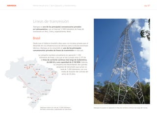 ABENGOA Informe Anual 2014 | 06.4 Operación y mantenimiento pág. 67
Líneas de transmisión
Abengoa es uno de los principales concesionarios privados
en Latinoamérica, con un total de 12.000 kilómetros de líneas de
transmisión en Perú, Chile y, especialmente, Brasil.
Brasil
Desde que el Gobierno brasileño diera paso a la iniciativa privada para el
desarrollo de una infraestructura tan decisiva como la red de transmisión
eléctrica, Abengoa se ha convertido en uno de los principales
concesionarios privados de líneas de transmisión en este país
La compañía mantiene actualmente en operación 1.100
kilómetros de líneas, a los que se han sumado otros 2.375 de
la línea de corriente continua más larga de Sudamérica,
de 600 kV y una capacidad de 3.150 MW. Además,
la compañía está desarrollando diez grandes
proyectos de transmisión que suman un
total de 7.200 kilómetros, con una
media de duración del contrato del
activo de 30 años.
Abengoa cuenta con más de 13.000 kilómetros
de líneas construidos y adjudicados en todo Brasil
MTE ATE XXIII
ATE VIII ATE XX
ATE XVII
ATE XIX
ATE XVI
ATE XXIV
ATE XXI
LVTE
NBTE
ATE XVIII
ATE XXIIATE V
ATE VII
ATE IV
ATE VI
Abengoa ha puesto en operación la línea de corriente continua más larga del mundo
 
