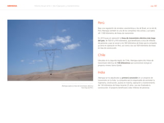 ABENGOA Informe Anual 2014 | 06.4 Operación y mantenimiento pág. 68
Perú
Bajo una regulación de similares características a las de Brasil, en la red de
Perú Abengoa también es una de las compañías más activas, y ya opera
allí 1.500 kilómetros de líneas de transmisión.
En 2014 puso en operación la línea de transmisión eléctrica más larga
del país, de 500 kV y 916 kilómetros, que beneficiará a cinco de millones
de personas y que se suman a los 583 kilómetros de líneas que la compañía
ya tenía en operación en Perú, así como a los casi 500 kilómetros de líneas
en fase de construcción.
Chile
Ubicadas en la segunda región de Chile, Abengoa opera dos líneas de
transmisión eléctrica de 130 kilómetros que suministran energía al
proyecto minero Sierra Gorda.
India
Abengoa se ha adjudicado su primera concesión en un proyecto de
transmisión en la India. La compañía será la responsable de acometer la
ingeniería, construcción, puesta en marcha, operación y mantenimiento
de 134 kilómetros de líneas durante 25 años, una vez finalizada la
construcción. El proyecto beneficiará a diez millones de personas.
Abengoa opera la línea de transmisión eléctrica
más larga de Perú
 