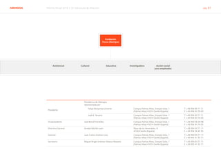 ABENGOA Informe Anual 2014 | 07 Estructura de dirección pág. 81
Fundación
Focus-Abengoa
CulturalAsistencial Educativa Investigadora Acción social
para empleados
Presidente
Presidencia de Abengoa
representada por:
Felipe Benjumea Llorente Campus Palmas Altas, Energía Solar, 1
(Palmas Altas) 41014 Sevilla (España)
T. +34 954 93 71 11
F. +34 954 93 70 05
José B. Terceiro Campus Palmas Altas, Energía Solar, 1
(Palmas Altas) 41014 Sevilla (España)
T. +34 954 93 71 11
F. +34 954 93 70 05
Vicepresidente José Borrell Fontelles Campus Palmas Altas, Energía Solar, 1
(Palmas Altas) 41014 Sevilla (España)
T. +34 954 56 26 96
F. +34 954 93 70 05
Directora General Anabel Morillo León Plaza de los Venerables, 8
41004 Sevilla (España)
T. +34 954 93 71 11
F. +34 954 56 45 95
Gerente Juan Carlos Jiménez Lora Campus Palmas Altas, Energía Solar, 1
(Palmas Altas) 41014 Sevilla (España)
T. +34 954 93 71 11
F. +34 955 41 33 71
Secretario Miguel Ángel Jiménez-Velasco Mazarío Campus Palmas Altas, Energía Solar, 1
(Palmas Altas) 41014 Sevilla (España)
T. +34 954 93 71 11
F. +34 955 41 33 71
 