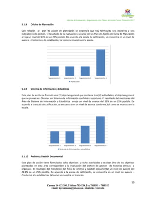 Informe de Evaluación y Seguimiento a los Planes de Acción Tercer Trimestre 2017
10
5.1.8 Oficina de Planeación
Con relación al plan de acción de planeación se evidenció que hay formulado seis objetivos y seis
indicadores de gestión. El resultado de la evaluación y avance de los Plan de Acción del Área de Planeación
arroja un nivel del 24% de un 25% posible. De acuerdo a la escala de calificación, se encuentra en un nivel de
avance – Conforme a lo establecido, tal como se muestra en la escala.
5.1.9 Sistema de Información y Estadística
Este plan de acción se formuló uno (1) objetivo general que contiene tres (4) actividades, el objetivo general
que se planeó es: Obtener un Sistema de Información confiable y oportuno. El resultado del monitoreo del
Área de Sistema de Información y Estadística arroja un nivel de avance del 23% de un 25% posible. De
acuerdo a la escala de calificación, se encuentra en un nivel de avance conforme, tal como se muestra en la
escala.
5.1.10 Archivo y Gestión Documental
Este plan de acción tiene formulados ocho objetivos y ocho actividades a realizar Uno de los objetivos
planteados en esta área corresponden a la evaluación del archivo de gestión de historias clínicas a
organizar. El resultado del monitoreo del Área de Archivo y Gestión Documental un nivel de avance del
22.8% de un 25% posible. De acuerdo a la escala de calificación, se encuentra en un nivel de avance –
Conforme a lo establecido, tal como se muestra en la escala.
 