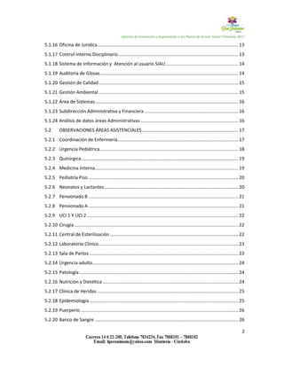 Informe de Evaluación y Seguimiento a los Planes de Acción Tercer Trimestre 2017
2
5.1.16 Oficina de Jurídica.............................................................................................................. 13
5.1.17 Control Interno Disciplinario.............................................................................................. 13
5.1.18 Sistema de Información y Atención al usuario SIAU......................................................... 14
5.1.19 Auditoria de Glosas............................................................................................................ 14
5.1.20 Gestión de Calidad............................................................................................................. 15
5.1.21 Gestión Ambiental............................................................................................................. 15
5.1.22 Área de Sistemas................................................................................................................ 16
5.1.23 Subdirección Administrativa y Financiera ......................................................................... 16
5.1.24 Análisis de datos áreas Administrativas ............................................................................ 16
5.2 OBSERVACIONES ÁREAS ASISTENCIALES ........................................................................... 17
5.2.1 Coordinación de Enfermería.............................................................................................. 17
5.2.2 Urgencia Pediátrica............................................................................................................ 18
5.2.3 Quirúrgica .......................................................................................................................... 19
5.2.4 Medicina Interna................................................................................................................ 19
5.2.5 Pediatría Piso ..................................................................................................................... 20
5.2.6 Neonatos y Lactantes......................................................................................................... 20
5.2.7 Pensionado B ..................................................................................................................... 21
5.2.8 Pensionado A..................................................................................................................... 21
5.2.9 UCI 1 Y UCI 2 ...................................................................................................................... 22
5.2.10 Cirugía................................................................................................................................ 22
5.2.11 Central de Esterilización .................................................................................................... 22
5.2.12 Laboratorio Clínico............................................................................................................. 23
5.2.13 Sala de Partos .................................................................................................................... 23
5.2.14 Urgencia adulto.................................................................................................................. 24
5.2.15 Patología............................................................................................................................ 24
5.2.16 Nutrición y Dietética.......................................................................................................... 24
5.2.17 Clínica de Heridas .............................................................................................................. 25
5.2.18 Epidemiologia .................................................................................................................... 25
5.2.19 Puerperio ........................................................................................................................... 26
5.2.20 Banco de Sangre ................................................................................................................ 26
 