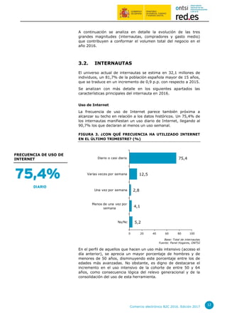 Comercio electrónico B2C 2016. Edición 2017
12
A continuación se analiza en detalle la evolución de las tres
grandes magnitudes (internautas, compradores y gasto medio)
que contribuyen a conformar el volumen total del negocio en el
año 2016.
3.2. INTERNAUTAS
El universo actual de internautas se estima en 32,1 millones de
individuos, un 81,7% de la población española mayor de 15 años,
que se traduce en un incremento de 0,9 p.p. con respecto a 2015.
Se analizan con más detalle en los siguientes apartados las
características principales del internauta en 2016.
Uso de Internet
La frecuencia de uso de Internet parece también próxima a
alcanzar su techo en relación a los datos históricos. Un 75,4% de
los internautas manifiestan un uso diario de Internet, llegando al
90,7% los que declaran al menos un uso semanal.
FIGURA 3. ¿CON QUÉ FRECUENCIA HA UTILIZADO INTERNET
EN EL ÚLTIMO TRIMESTRE? (%)
Base: Total de internautas
Fuente: Panel Hogares, ONTSI
En el perfil de aquellos que hacen un uso más intensivo (acceso el
día anterior), se aprecia un mayor porcentaje de hombres y de
menores de 50 años, disminuyendo este porcentaje entre los de
edades más avanzadas. No obstante, es digno de destacarse el
incremento en el uso intensivo de la cohorte de entre 50 y 64
años, como consecuencia lógica del relevo generacional y de la
consolidación del uso de esta herramienta.
5,2
4,1
2,8
12,5
75,4
0 20 40 60 80 100
Ns/Nc
Menos de una vez por
semana
Una vez por semana
Varias veces por semana
Diario o casi diario
75,4%
DIARIO
FRECUENCIA DE USO DE
INTERNET
 