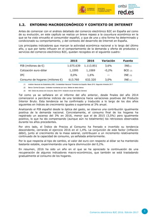 Comercio electrónico B2C 2016. Edición 2017
5
1.2. ENTORNO MACROECONÓMICO Y CONTEXTO DE INTERNET
Antes de comenzar con el análisis detallado del comercio electrónico B2C en España así como
de su evolución, en este capítulo se realiza un breve repaso a la coyuntura económica en la
que se ha visto envuelto el consumidor español, y que de una u otra forma ha determinado y
condicionado su comportamiento, y del contexto del desarrollo de Internet en España.
Los principales indicadores que marcan la actividad económica nacional a lo largo del último
año, y que por tanto influyen en el comportamiento de la demanda y oferta de productos y
servicios del comercio electrónico B2C, quedan recogidos en el siguiente cuadro:
2015 2016 Variación Fuente
PIB (millones de €) 1.075.639 1.113.851 3,6% INE(1)
Cotización euro-dólar 1,1095 1,1069 -0,2% BCE (2)
IPC 0,0% 1,6% -- INE (3)
Consumo de hogares (millones €) 613.760 632.320 3,0% INE (1)
(1) Instituto Nacional de Estadística (INE). Contabilidad Nacional Trimestral de España. Base 2010. Segundo trimestre 2017.
(2) Banco Central Europeo. Unidades monetarias por euro. Media de datos diarios
(3) INE. Índice de precios de Consumo. Base 2016. Variación anual del Índice General.
Tal como ya se señalara en el informe del año anterior, desde finales del año 2014
comenzaron a percibirse indicios de una tendencia hacia variaciones positivas del Producto
Interior Bruto. Esta tendencia se ha confirmado y traducido a lo largo de los dos años
siguientes en índices de crecimiento iguales o superiores al 3% anual.
Analizando el PIB español desde la óptica del gasto, se observa una contribución igualmente
positiva de la demanda nacional. Concretamente, el consumo final de los hogares ha
registrado un ascenso del 3% en 2016, menor que el de 2015 (3,5%) pero igualmente
positivo, lo que ha ido compensando (aunque aún no totalmente) los retrocesos observados
durante los años precedentes.
Por otro lado, el Índice de Precios al Consumo ha frenado e invertido su tendencia
descendente, cerrando el ejercicio 2016 en el 1,4%. La conjunción de este factor (inflación
débil), junto al crecimiento de la masa salarial, contribuyen a un incremento relativamente
continuado de la capacidad de consumo, ya señalada anteriormente.
Por lo que respecta al tipo de cambio, el valor del euro con respecto al dólar se ha mantenido
bastante estable, experimentando una ligera disminución del 0,2%.
En resumen, 2016 ha sido un año en el que se ha apreciado la continuación de una
recuperación de algunos indicadores macro-económicos, que también se está trasladando
gradualmente al consumo de los hogares.
 
