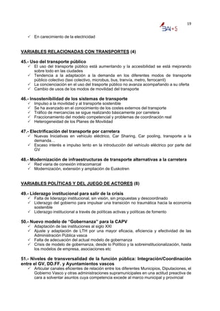 19


      En carecimiento de la electricidad


VARIABLES RELACIONADAS CON TRANSPORTES (4)

45.- Uso del transporte público
      El uso del transporte público está aumentando y la accesibilidad se está mejorando
      sobre todo en las ciudades
      Tendencia a la adaptación a la demanda en los diferentes modos de transporte
      público colectivo (taxi colectivo, microbus, bus, tranvía, metro, ferrocarril)
      La concienciación en el uso del trasporte público no avanza acompañando a su oferta
      Cambio de usos de los modos de movilidad del transporte

46.- Insostenibilidad de los sistemas de transporte
      Impulso a la movilidad y al transporte sostenible
      Se ha avanzado en el conocimiento de los costes externos del transporte
      Tráfico de mercancías se sigue realizando básicamente por carretera
      Fraccionamiento del modelo competencial y problemas de coordinación real
      Heterogeneidad de los Planes de Movilidad

47.- Electrificación del transporte por carretera
      Nuevas Iniciativas en vehículo eléctrico, Car Sharing, Car pooling, transporte a la
      demanda…
      Escaso interés e impulso lento en la introducción del vehículo eléctrico por parte del
      GV

48.- Modernización de infraestructuras de transporte alternativas a la carretera
      Red viaria de conexión intracomarcal
      Modernización, extensión y ampliación de Euskotren


VARIABLES POLÍTICAS Y DEL JUEGO DE ACTORES (8)

49.- Liderazgo institucional para salir de la crisis
      Falta de liderazgo institucional, sin visión, sin propuestas y descoordinado
      Liderazgo del gobierno para impulsar una transición no traumática hacia la economía
      sostenible
      Liderazgo institucional a través de políticas activas y políticas de fomento

50.- Nuevo modelo de “Gobernanza” para la CAPV
      Adaptación de las instituciones al siglo XXI
      Ajuste y adaptación de LTH por una mayor eficacia, eficiencia y efectividad de las
      Administración Pública vasca
      Falta de adecuación del actual modelo de gobernanza
      Crisis de modelo de gobernanza, desde lo Político y la sobreinstitucionalización, hasta
      los modelos de empresa, asociaciones etc

51.- Niveles de transversalidad de la función pública: Integración/Coordinación
entre el GV, DD.FF. y Ayuntamientos vascos
      Articular canales eficientes de relación entre los diferentes Municipios, Diputaciones, el
      Gobierno Vasco y otras administraciones supramunicipales en una actitud preactiva de
      cara a solventar asuntos cuya competencia excede al marco municipal y provincial
 
