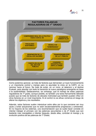 35




                        FACTORES PALANCAS
                     REGULADORAS DE 1er GRADO



                 COMPROMISO REAL DE LA POLÍTICA
                       VASCA CON EL DS                     EXIGENCIAS
                                                          AMBIENTALES


                  FISCALIDAD
                  SOSTENIBLE                  MODELO DE
                                            “GOBERNANZA”




                     REDIFINICIÓN DE LA              TRANSVERSABILIDAD
                    ESCALA DE VALORES                  DE LA F. PÚBLICA



                                                    COHESIÓN
                      PUESTA EN VALOR             SOCIOPOLÍTICA
                        DEL SECTOR                ANTE LA CRISIS
                          PÚBLICO




Como podemos apreciar, se trata de factores que demandan un buen funcionamiento
y un importante control y manejo para no apuntalar la crisis en la CAPV, en su
caminar hacia el futuro. Se trata de evitar, en un inicio, el deterioro y el declive
Euskadi, para abordar con éxito la transición al nuevo paradigma emergente en base
a la sostenibilidad. Destacaremos, sin embargo, que el manejo de estas palancas
reguladoras de 1º grado, aunque posible, es también una tarea francamente delicada
puesto que se trata de factores de elevada motricidad que también pueden influir en
otros factores en un nivel importante. Si el control no es eficaz corremos el riesgo de
alterar los objetivos y los resultados.

Además, estos factores suelen interactuar entre ellos por lo que conviene ser muy
cauto y evitar actuaciones que no sean escalonadamente progresivas y coherentes.
En la mayoría de los sistemas, una recomendación que se suele hacer consiste en
intentar trabajar al principio con las palancas secundarias o de 2º Grado que son
bastante más manejables e intentar después, desde ellas, controlar el manejo y la
evolución positiva de las palancas de 1º Grado.
 