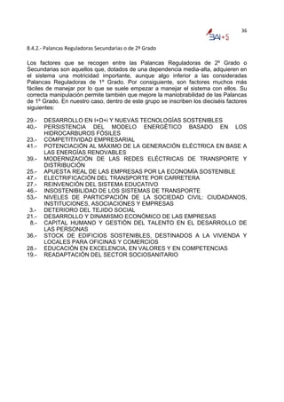36


8.4.2.‐ Palancas Reguladoras Secundarias o de 2º Grado 
 
Los factores que se recogen entre las Palancas Reguladoras de 2º Grado o
Secundarias son aquellos que, dotados de una dependencia media-alta, adquieren en
el sistema una motricidad importante, aunque algo inferior a las consideradas
Palancas Reguladoras de 1º Grado. Por consiguiente, son factores muchos más
fáciles de manejar por lo que se suele empezar a manejar el sistema con ellos. Su
correcta manipulación permite también que mejore la maniobrabilidad de las Palancas
de 1º Grado. En nuestro caso, dentro de este grupo se inscriben los dieciséis factores
siguientes:

29.-   DESARROLLO EN I+D+i Y NUEVAS TECNOLOGÍAS SOSTENIBLES
40.-   PERSISTENCIA DEL MODELO ENERGÉTICO BASADO EN LOS
       HIDROCARBUROS FÓSILES
23.-   COMPETITIVIDAD EMPRESARIAL
41.-   POTENCIACIÓN AL MÁXIMO DE LA GENERACIÓN ELÉCTRICA EN BASE A
       LAS ENERGÍAS RENOVABLES
39.-   MODERNIZACIÓN DE LAS REDES ELÉCTRICAS DE TRANSPORTE Y
       DISTRIBUCIÓN
25.-   APUESTA REAL DE LAS EMPRESAS POR LA ECONOMÍA SOSTENIBLE
47.-   ELECTRIFICACIÓN DEL TRANSPORTE POR CARRETERA
27.-   REINVENCIÓN DEL SISTEMA EDUCATIVO
46.-   INSOSTENIBILIDAD DE LOS SISTEMAS DE TRANSPORTE
53.-   NIVELES DE PARTICIPACIÓN DE LA SOCIEDAD CIVIL: CIUDADANOS,
       INSTITUCIONES, ASOCIACIONES Y EMPRESAS
 3.-   DETERIORO DEL TEJIDO SOCIAL
21.-   DESARROLLO Y DINAMISMO ECONÓMICO DE LAS EMPRESAS
 8.-   CAPITAL HUMANO Y GESTIÓN DEL TALENTO EN EL DESARROLLO DE
       LAS PERSONAS
36.-   STOCK DE EDIFICIOS SOSTENIBLES, DESTINADOS A LA VIVIENDA Y
       LOCALES PARA OFICINAS Y COMERCIOS
28.-   EDUCACIÓN EN EXCELENCIA, EN VALORES Y EN COMPETENCIAS
19.-   READAPTACIÓN DEL SECTOR SOCIOSANITARIO
 