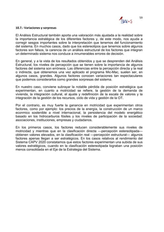59


10.7.‐ Variaciones y sorpresas 

El Análisis Estructural también aporta una valoración más ajustada a la realidad sobre
la importancia estratégica de los diferentes factores y, de este modo, nos ayuda a
corregir sesgos importantes sobre la interpretación que tenemos del funcionamiento
del sistema. En muchos casos, dado que los estereotipos que tenemos sobre algunos
factores son falsos, la carencia de un análisis estructural de los factores que integran
un determinado sistema nos conduce a innumerables errores de decisión.

En general, y a la vista de los resultados obtenidos y que se desprenden del Análisis
Estructural, los niveles de percepción que se tienen sobre la importancia de algunos
factores del sistema son erróneos. Las diferencias entre la percepción directa y la real
o indirecta, que obtenemos una vez aplicado el programa Mic-Mac, suelen ser, en
algunos casos, grandes. Algunos factores conocen variaciones tan espectaculares
que podemos considerarlos como grandes sorpresas del sistema.

En nuestro caso, conviene subrayar la notable pérdida de posición estratégica que
experimentan, en cuanto a motricidad se refiere, la gestión de la demanda de
vivienda, la integración cultural, el ajuste y redefinición de la escala de valores y la
integración de la gestión de los recursos, ciclo de vida y gestión de la OT.

Por el contrario, es muy fuerte la ganancia en motricidad que experimentan otros
factores, como por ejemplo: los precios de la energía, la construcción de un marco
econmico sostenible a nivel internacional, la persistencia del modelo energético
basado en los hidrocarburos fósiles y los niveles de participación de la sociedad:
asociaciones, instituciones, empresas y ciudadanos.

En los primeros casos, los factores reducen considerablemente sus niveles de
motricidad y mientras que en la clasificación directa —percepción estereotipada—
obtienen valores elevados, en la clasificación real —percepción estructural— algunos
factores apenas llegan a ser estratégicos. En los casos relativos al rendimiento del
Sistema CAPV 2020 constatamos que estos factores experimentan una subida de sus
valores estratégicos, cuando en la clasificación estereotipada lograban una posición
menos consolidada en el Eje de la Estrategia del Sistema.
 