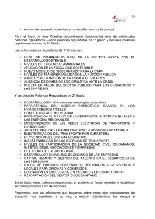 65



      modelo de desarrollo sostenible y no despilfarrador de la energía

Para el logro de este Objetivo dispondremos fundamentalmente de veinticuatro
palancas reguladoras —ocho palancas reguladoras de 1º grado y dieciséis palancas
reguladoras adoras de 2º Grado:

Las ocho palancas reguladoras de 1º Grado son:

      NIVEL DE COMPROMISO REAL DE LA POLÍTICA VASCA CON EL
      DESARROLLO SOSTENIBLE
      NIVELES DE EXIGENCIAS AMBIENTALES
      APLICACIÓN DE LA FISCALIDAD SOSTENIBLE
      NUEVO MODELO DE “GOBERNANZA” PARA LA CAPV
      NIVELES DE TRANSVERSABILIDAD DE LA FUNCIÓN PÚBLICA
      AJUSTE Y REDIFINICIÓN DE LA ESCALA DE VALORES
      AUSENCIA DE COHESIÓN SOCIOPOLÍTICA ANTE LA CRISIS
      PUESTA EN VALOR DEL SECTOR PÚBLICO PARA LOS CIUDADANOS Y
      LAS EMPRESAS

Y las dieciséis Palancas Reguladoras de 2º Grado:

      DESARROLLO EN I+D+i y nuevas tecnologías sostenibles
      PERSISTENCIA DEL MODELO ENERGÉTICO BASADO EN LOS
      HIDROCARBUROS FÓSILES
      COMPETITIVIDAD EMPRESARIAL
      POTENCIACIÓN AL MÁXIMO DE LA GENERACIÓN ELÉCTRICA EN BASE A
      LAS ENERGÍAS RENOVABLES
      MODERNIZACIÓN DE LAS REDES ELÉCTRICAS DE TRANSPORTE Y
      DISTRIBUCIÓN
      APUESTA REAL DE LAS EMPRESAS POR LA ECONOMÍA SOSTENIBLE
      ELECTRIFICACIÓN DEL TRANSPORTE POR CARRETERA
      REINVENCIÓN DEL SISTEMA EDUCATIVO
      INSOSTENIBILIDAD DE LOS SISTEMAS DE TRANSPORTE
      NIVELES DE PARTICIPACIÓN DE LA SOCIEDAD CIVIL: CIUDADANOS,
      INSTITUCIONES, ASOCIACIONES Y EMPRESAS
      DETERIORO DEL TEJIDO SOCIAL
      DESARROLLO Y DINAMISMO ECONÓMICO DE LAS EMPRESAS
      CAPITAL HUMANO Y GESTIÓN DEL TALENTO EN EL DESARROLLO DE
      LAS PERSONAS
      STOCK DE EDIFICIOS SOSTENIBLES, DESTINADOS A LA VIVIENDA Y
      LOCALES PARA OFICINAS Y COMERCIOS
      EDUCACIÓN EN EXCELENCIA, EN VALORES Y EN COMPETENCIAS
      READAPTACIÓN DEL SECTOR SOCIOSANITARIO

Sobre todas estas palancas reguladoras, en posteriores fases, se debería establecer
su correspondiente Plan de Acciones.

Finalmente, que las reflexiones que hagamos sobre estos ejes estructurantes de
actuación nos ayudarán, a su vez, a reducir notablemente los riesgos e
 