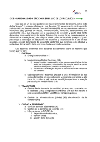 69



EJE B.‐ RACIONALIDAD Y EFICIENCIA EN EL USO DE LOS RECURSOS.‐ 
 
       Este eje, es un eje que partiendo de las determinantes del sistema, sobre todo
de los “imputs” o entradas al sistema, que la crisis (10) va generando continuamente
y alimentado por la evolución del Cambio Climático (37), los requerimientos del marco
económico (55) (ajustes de deuda, refinanciaciones, inflacción, estancamiento del
crecimiento, etc.), sus impactos en la capacidad de inversión y gasto (20) (tanto
doméstica, empresarial como del sector Público), los precios de las materias primas y
sobretodo de la energía (44), nos obliga a mover palancas de primer y segundo grado
para llegar a conseguir los resultados de eficiencia y racionalidad en el uso de los
recursos, propios del modelo de Desarrollo Sostenible que tenemos como objetivo y
en la clave de transición de la economía hacia un modelo sostenible.

       Las acciones tendremos que aplicarlas básicamente sobre los factores que
tienen que ver con:
          1. ENERGÍA
                 a. Energías renovables (41)

                b. Modernización Redes Eléctricas (39).
                       i)  Modernización y adecuación a las nuevas necesidades de las
                           redes de transporte y distribución de energía eléctrica (redes
                           eléctricas inteligentes, contadores inteligentes...)
                       ii) Infraestructuras energéticas para la electrificación del transporte
                           por carretera

                c. Sociológicamente debemos proveer a una modificación de los
                   comportamientos en orden al ahorro y eficiencia energética, y a la
                   toma de conciencia del carácter estratégico que tiene la energía
                   para cualquier modelo futuro (43).

         2. TRANSPORTE
              a. Gestión De la demanda de movilidad y transporte, conectada con
                 la fiscalidad (14) y la legislación ambiental (50) que nos llevará a
                 una sostenibilidad (46) y uso(45) del transporte público

                b. Gestión de Infraestructuras (oferta) (48) electrificación de la
                   carretera (47)

         3. CIUDAD Y TERRITORIO
               a. Stock de edificios sostenibles (36)
               b. Gestión de la demanda de vivienda (34)
               c. Integración en la OT (32) de:
                       i. la gestión de los recursos,
                      ii. ciclo de vida y
                     iii. gestión de la demanda
 