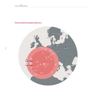 12
Rabat
Dublin
Paris
Londres
Oslo Estocolm
Berlin
Praga
Varsòvia
Atenes
Bilbao
Brussel·les
Amsterdam
Frankfurt
Roma
Alger Tunis
MadridLisboa
Palma
Lió
Ginebra
Milà
Sevilla
Saragossa
Zuric
Munic
1000 Km1800 Km
1h40min.2h 30min
Copenhaguen
FITXA ESTADÍSTICA BARCELONA 2012
 