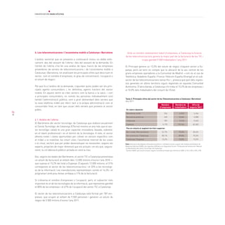 96
4. Les telecomunicacions i l’ecosistema mobile a Catalunya i Barcelona
L’anàlisi sectorial que es presenta a continuació inclou un doble enfo-
cament, des del vessant de l’oferta i des del vessant de la demanda. En
l’àmbit de l’oferta s’ha fet una anàlisi de tipus macro de les empreses
proveïdores de serveis de telecomunicacions i de l’ecosistema mobile a
Catalunya i Barcelona, tot analitzant les principals xifres que descriuen el
sector, com el nombre d’empreses, el grau de concentració, l’ocupació o
el volum de negoci.
Pel que fa a l’anàlisi de la demanda, s’apunten quins poden ser els prin-
cipals agents consumidors i, en definitiva, agents tractors del sector
mobile. En aquest sentit se citen sectors com la banca o la salut, i com
a principals consumidors, no només les persones individualment sinó
també l’administració pública, com a gran demandant dels serveis que
la nova telefonia mòbil pot oferir tant a la pròpia administració com al
consumidor final, en tant que usuari dels serveis que proveeix el sector
públic.
4.1. Anàlisi de l’oferta
El Baròmetre del sector tecnològic de Catalunya que elabora anualment
el Cercle Tecnològic de Catalunya (CTecno) mostra un any més que el sec-
tor tecnològic català té una gran capacitat innovadora, basada, sobretot,
en el talent professional i en el domini de la tecnologia. A més, el sector
afronta noves i clares oportunitats per créixer en sectors específics com
el mòbil o la mobilitat, les smart cities, l’anomenat Internet de les coses
o el cloud, sectors que per poder desenvolupar-se necessiten, segons els
experts, projectes de major dimensió que els actuals i en els què, segura-
ment, la col·laboració público-privada en serà la clau.
Així, segons les dades del Baròmetre, el sector TIC a Catalunya presentava
un volum de facturació al voltant dels 12.000 milions d’euros l’any 2010 —
que suposa el 15,2% del total a Espanya. D’aquests 12.000 milions, el 51%
corresponen al sector de les telecomunicacions i el 32% a les tecnologi-
es de la informació. Les manufactures representaven només el 16,3% i el
programari amb prou feines arribava a l’1% de la facturació.
Si s’observa el nombre d’empreses o l’ocupació, però, el subsector més
important és el de les tecnologies de la informació, que representa gairebé
el 80% de les empreses i el 67% de l’ocupació del sector TIC a Catalunya.
El sector de les telecomunicacions a Catalunya està format per 787 em-
preses, que ocupen al voltant de 9.500 persones i generen un volum de
negoci de 5.500 milions d’euros l’any 2011.
Amb un nombre relativament reduït d’empreses, a Catalunya la branca
de les telecomunicacions genera la major part de la facturació de les TIC i
ocupa gairebé 9.500 treballadors l’any 2011
El Principat genera un 13,5% del volum de negoci d’aquest sector a Es-
panya, però cal tenir en compte que la ubicació de la seu central de les
grans empreses operadores a la Comunitat de Madrid —com és el cas de
Telefónica, Vodafone-España i France-Télécom España (Orange) en el sub-
sector de les telecomunicacions sense fils—, provoca que part dels ingres-
sos generats en altres territoris siguin registrats en aquesta Comunitat
Autònoma. D’altra banda, a Catalunya s’hi troba el 15,2% de les empreses i
el 10,0% dels treballadors del conjunt de l’Estat.
Taula 3. Principals xifres del sector de les Telecomunicacions a Catalunya i Barcelona1
Any 2011
Font: Estimació del Gabinet d’Estudis Econòmics i Infraestructures a partir del Sistema de Análisis de
Balances Ibéricos (SABI), els registres d’Afiliats a la Seguretat Social i l’Enquesta de Serveis de l’Idescat
i el Baròmetre del sector tecnològic de Catalunya.
	1
Sectors NACE que recull la taula, segons l’activitat principal que informa el SABI: 6110, 6120, 6130, 6190.	
En valors absoluts				
Barcelona ciutat	 326 	 6.342 	 4.244
Barcelona província	 630 	 8.456 	 5.088
Catalunya	 787 	 9.415 	 5.453
Espanya	 5.175 	 93.766 	 40.360
Pes en relació al següent territori superior	
Bcn ciutat / Bcn província	 51,7% 	 75,0% 	 83,4%
Bcn província / Catalunya	 80,1% 	 89,8% 	 93,3%
Catalunya / Espanya	 15,2% 	 10,0% 	 13,5%
Nombre
d’empreses
Nombre de
treballadors
Xifra de
negocis (M€)
 