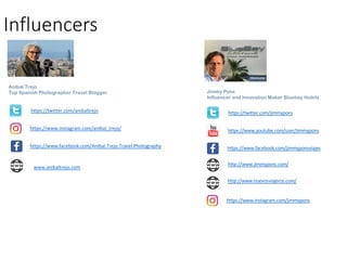 Influencers
https://www.facebook.com/Anibal.Trejo.Travel.Photography
https://www.instagram.com/anibal_trejo/
https://twitter.com/anibaltrejo
www.anibaltrejo.com
Anibal Trejo
Top Spanish Photographer Travel Blogger
https://www.instagram.com/jimmypons
https://twitter.com/jimmypons
http://www.jimmypons.com/
https://www.youtube.com/user/Jimmypons
https://www.facebook.com/jimmyponsviajes
http://www.nuevosviajeros.com/
Jimmy Pons
Influencer and Innovation Maker Bluebay Hotels
 