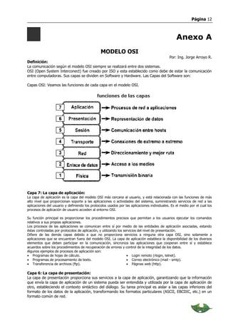 Página 12



                                                                                                  Anexo A
                                                MODELO OSI
                                                                                Por: Ing. Jorge Arroyo R.
Definición:
La comunicación según el modelo OSI siempre se realizará entre dos sistemas.
OSI (Open System Interconect) fue creado por ISO y esta establecido como debe de estar la comunicación
entre computadoras. Sus capas se dividen en Software y Hardware. Las Capas del Software son:

Capas OSI: Veamos las funciones de cada capa en el modelo OSI.




Capa 7: La capa de aplicación:
La capa de aplicación es la capa del modelo OSI más cercana al usuario, y está relacionada con las funciones de más
alto nivel que proporcionan soporte a las aplicaciones o actividades del sistema, suministrando servicios de red a las
aplicaciones del usuario y definiendo los protocolos usados por las aplicaciones individuales. Es el medio por el cual los
procesos de aplicación de usuario acceden al entorno OSI.

Su función principal es proporcionar los procedimientos precisos que permitan a los usuarios ejecutar los comandos
relativos a sus propias aplicaciones.
Los procesos de las aplicaciones se comunican entre sí por medio de las entidades de aplicación asociadas, estando
éstas controladas por protocolos de aplicación, y utilizando los servicios del nivel de presentación.
Difiere de las demás capas debido a que no proporciona servicios a ninguna otra capa OSI, sino solamente a
aplicaciones que se encuentran fuera del modelo OSI. La capa de aplicación establece la disponibilidad de los diversos
elementos que deben participar en la comunicación, sincroniza las aplicaciones que cooperan entre sí y establece
acuerdos sobre los procedimientos de recuperación de errores y control de la integridad de los datos.
Algunos ejemplos de procesos de aplicación son:
• Programas de hojas de cálculo.                                   • Login remoto (rlogin, telnet).
• Programas de procesamiento de texto.                             • Correo electrónico (mail - smtp).
• Transferencia de archivos (ftp).                                 • Páginas web (http).

Capa 6: La capa de presentación:
La capa de presentación proporciona sus servicios a la capa de aplicación, garantizando que la información
que envía la capa de aplicación de un sistema pueda ser entendida y utilizada por la capa de aplicación de
otro, estableciendo el contexto sintáctico del diálogo. Su tarea principal es aislar a las capas inferiores del
formato de los datos de la aplicación, transformando los formatos particulares (ASCII, EBCDIC, etc.) en un
formato común de red.
 