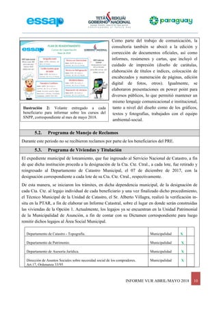 INFORME VUR ABRIL/MAYO 2018 10
Como parte del trabajo de comunicación, la
consultoría también se abocó a la edición y
corrección de documentos oficiales, así como
informes, resúmenes y cartas, que incluyó el
cuidado de impresión (diseño de carátulas,
elaboración de títulos e índices, colocación de
encabezados y numeración de páginas, edición
digital de fotos, otros). Igualmente, se
elaboraron presentaciones en power point para
diversos públicos, lo que permitió mantener un
mismo lenguaje comunicacional e institucional,
tanto a nivel del diseño como de los gráficos,
textos y fotografías, trabajados con el equipo
ambiental-social.
5.2. Programa de Manejo de Reclamos
Durante este periodo no se recibieron reclamos por parte de los beneficiarios del PRE.
5.3. Programa de Viviendas y Titulación
El expediente municipal de loteamiento, que fue ingresado al Servicio Nacional de Catastro, a fin
de que dicha institución proceda a la designación de la Cta. Cte. Ctral., a cada lote, fue retirado y
reingresado al Departamento de Catastro Municipal, el 07 de diciembre de 2017, con la
designación correspondiente a cada lote de su Cta. Cte. Ctral., respectivamente.
De esta manera, se iniciaron los trámites, en dicha dependencia municipal, de la designación de
cada Cta. Cte. al legajo individual de cada beneficiario y una vez finalizado dicho procedimiento,
el Técnico Municipal de la Unidad de Catastro, el Sr. Alberto Villagra, realizó la verificación in-
situ en la PTAR, a fin de elaborar un Informe Catastral, sobre el lugar en donde serán construidas
las viviendas de la Opción 1. Actualmente, los legajos ya se encuentran en la Unidad Patrimonial
de la Municipalidad de Asunción, a fin de contar con su Dictamen correspondiente para luego
remitir dichos legajos al Área Social Municipal.
Departamento de Catastro - Topografía. Municipalidad X
Departamento de Patrimonio. Municipalidad X
Departamento de Asesoría Jurídica. Municipalidad X
Dirección de Asuntos Sociales sobre necesidad social de los compradores.
Art.17, Ordenanza 33/95
Municipalidad X
Ilustración 2: Volante entregado a cada
beneficiario para informar sobre los cursos del
SNPP, correspondiente al mes de mayo 2018.
 