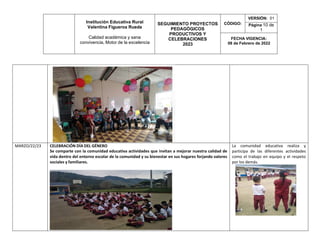 Institución Educativa Rural
Valentina Figueroa Rueda
Calidad académica y sana
convivencia, Motor de la excelencia
SEGUIMIENTO PROYECTOS
PEDAGÓGICOS
PRODUCTIVOS Y
CELEBRACIONES
2023
CÓDIGO:
VERSIÓN: 01
Página 10 de
1
FECHA VIGENCIA:
08 de Febrero de 2022
MARZO/22/23 CELEBRACIÓN DÍA DEL GÉNERO
Se comparte con la comunidad educativa actividades que invitan a mejorar nuestra calidad de
vida dentro del entorno escolar de la comunidad y su bienestar en sus hogares forjando valores
sociales y familiares.
La comunidad educativa realiza y
participa de las diferentes actividades
como el trabajo en equipo y el respeto
por los demás.
 