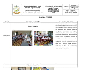 Institución Educativa Rural
Valentina Figueroa Rueda
Calidad académica y sana
convivencia, Motor de la excelencia
SEGUIMIENTO PROYECTOS
PEDAGÓGICOS
PRODUCTIVOS Y
CELEBRACIONES
2023
CÓDIGO:
VERSIÓN: 01
Página 13 de
1
FECHA VIGENCIA:
08 de Febrero de 2022
SEGUNDO PERIODO
FECHA EVIDENCIA/ DESCRIPCIÓN EVALUACIÓN/ REFLEXIÓN
03/05/2023
Dia de la Santa Cruz
Los educandos participan activamente del
homenaje que se les a la santa cruz, fue
un momento muy emotivo para los
estudiantes recordaron sus valores,
principios y devociones. Cada estudiante
elaboro su cruz con material reciclable, le
escribió una carta a la santa cruz en acción
de gracias y pidiendo muchas bendiciones
para sus familias. Para terminar,
realizamos el altar a la Santa cruz y
rezamos los mil jesusees.
Celebración día del idioma
 