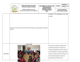 Institución Educativa Rural
Valentina Figueroa Rueda
Calidad académica y sana
convivencia, Motor de la excelencia
SEGUIMIENTO PROYECTOS
PEDAGÓGICOS
PRODUCTIVOS Y
CELEBRACIONES
2023
CÓDIGO:
VERSIÓN: 01
Página 15 de
1
FECHA VIGENCIA:
08 de Febrero de 2022
Se realiza el acto cívico con el fin de rendir homenaje a nuestra lengua en el día del
idioma.
momento y la participación fue muy
emotiva.
15/05/2023
Visita de ERA
El día de hoy la sede fue visitada por la
Fundación secretos para contar para
realizar actividades de conjunto, motivar
a los estudiantes a la lectura y aprender a
conocer un poco más sobre los libros y al
mismo tiempo aprender a utilizar el
material que fue donado por la
 