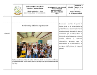 Institución Educativa Rural
Valentina Figueroa Rueda
Calidad académica y sana
convivencia, Motor de la excelencia
SEGUIMIENTO PROYECTOS
PEDAGÓGICOS
PRODUCTIVOS Y
CELEBRACIONES
2023
CÓDIGO:
VERSIÓN: 01
Página 19 de
1
FECHA VIGENCIA:
08 de Febrero de 2022
14/06/2023
Reunión entrega de boletines Segundo periodo
Se lleva a cabo la asamblea de padres de familia, donde los presentes manifiestan
gran alegría al saber que se dará la apertura del servicio de restaurante escolar para
sus hijos.
Se convoca a asamblea de padres de
familia con el fin de dar a conocer las
problemáticas que se vienen presentando
en la sede a raíz de la entrada a la sede sin
autorización, por lo tanto se tomó la
decisión de quitar las arquerías en común
acuerdo. Además se realizaron
observaciones generales para el
mejoramiento de los estudiantes y se
entregaron calificaciones del segundo
periodo.
 