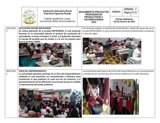 Institución Educativa Rural
Valentina Figueroa Rueda
Calidad académica y sana
convivencia, Motor de la excelencia
SEGUIMIENTO PROYECTOS
PEDAGÓGICOS
PRODUCTIVOS Y
CELEBRACIONES
2023
CÓDIGO:
VERSIÓN: 01
Página 23 de
1
FECHA VIGENCIA:
08 de Febrero de 2022
24/07/202
3
APLICACIÓN PRUEBA INSTRUIMOS.
Se realiza aplicación de la prueba INSTRUIMOS, el cual pretende
fomenta en la comunidad además el proceso de evaluación de
aprendizajes, se busca fortalecer e incluir a la población educativa
el manejo de pruebas que los evalúe y a la vez los prepare para
futuras pruebas SABER.
Los alumnos realizan su proceso de conocimiento a través del desarrollo de la
prueba INSTRUIMOS, la cual se presenta en las áreas fundamentales incluyendo
el área de inglés.
28/07/202
3
FERIA DEL EMPRENDIMIENTO
La comunidad educativa participa de la feria del emprendimiento
mediante la cual presentan sus conocimientos y destrezas para
transformar lo que producen en cada uno de sus entornos, y el
aprovechamiento de los diferentes recursos que buscan el cuidado
y mejoramiento del medio ambiente.
Los estudiantes participaron de la feria del emprendimiento con la presentación
y manejo de los recursos que ellos mismos elaboran en la sede educativa.
 