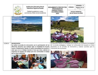 Institución Educativa Rural
Valentina Figueroa Rueda
Calidad académica y sana
convivencia, Motor de la excelencia
SEGUIMIENTO PROYECTOS
PEDAGÓGICOS
PRODUCTIVOS Y
CELEBRACIONES
2023
CÓDIGO:
VERSIÓN: 01
Página 26 de
1
FECHA VIGENCIA:
08 de Febrero de 2022
22/08/23 MICROCENTRO
Se realiza la jornada de microcentro con la participación de los
diferentes docentes que trabajan bajo la modalidad de Escuela
nueva y Postprimaria, donde se realiza manualidad de acuerdo al
valor que se va a trabajar durante el mes que viene, además se
organizan los equipos de trabajo para dar continuidad al trabajo
que se viene realizando.
Los docentes realizan la manualidad que proponen las compañeras encargadas
de la jornada pedagógica, trabajan en continuidad del proyecto se viene
abordando en las jornadas de microcentro y realizan acuerdos para la
culminación de los procesos.
 
