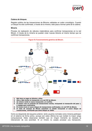 Cadena de bloques
Registro público de las transacciones de Bitcoins validadas en orden cronológico. Cuando
un bloque ha sido confirmado, a través de la minería, éste pasa a formar parte de la cadena.
Minería
Proceso de realización de cálculos matemáticos para confirmar transacciones en la red
Bitcoin. A través de la minería se pueden crear nuevas bitcoins al mismo tiempo que se
confirman transacciones.
Figura 10. Funcionamiento genérico de Bitcoin.

1.
2.
3.
4.

Bob hace un pago en bitcoins a Alice.
Alice y Bob envían la transacción a la red P2P de Bitcoin.
Un minero recibe la nueva transacción y la verifica.
El minero crea un conjunto de transacciones nuevas, incluyendo la transacción del paso 1,
y trabaja para confirmarla.
5. El minero envía el nuevo bloque de transacciones confirmadas a la red P2P de Bitcoin.
6. El resto de usuarios de Bitcoin actualizan su estado incluyendo el nuevo bloque de
transacciones, verificando que dicho bloque es válido.

Como se desprende del esquema anterior, tanto usuarios normales como mineros participan
en el sistema de forma activa, aunque son estos últimos los que reciben la mayor carga
computacional. Debe observarse también que en ningún momento se necesita la
intervención de una autoridad. Si un minero no acepta procesar una transacción,

BITCOIN: Una moneda criptográfica

18

 