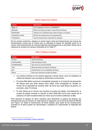 Tabla 2. Campos de un bloque.
Campo

Descripción

Magic no

Valor establecido siempre a 0xD9B4BEF9

Blocksize

Número de bytes que siguen, hasta el final del bloque

Blockheader

Cabecera con metainformación sobre el bloque y la cadena

Transaction counter

Número de transacciones en la siguiente lista

Transactions

Lista de transacciones contenidas en el bloque

De los campos anteriores, destaca en primer lugar la lista de transacciones que incluye las
transacciones nuevas que el minero que ha calculado el bloque ha decidido incluir en el
mismo. Qué transacciones se incluyen depende principalmente de su prioridad. Dentro de la
cabecera se incluyen los campos mostrados en la Tabla 3 39.
Tabla 3. Cabecera de bloque.
Campo

Descripción

Version

Versión de bloque

hashPrevBlock

Hash del bloque anterior

hashMerkleRoot

Hash de la raíz del árbol Merkle

Time

Marca de tiempo de creación del bloque

Bits

Especificiación de la complejidad del bloque

Nonce

Nonce que resuelve la prueba de trabajo



Los hashes incluidos en los campos segundo y tercero tienen como fin establecer la
cadena de bloques cuyo concepto se desarrolla a continuación.



El campo Bits define cual era la complejidad requerida en el momento de generación
del bloque para que dicho bloque fuera válido. Esta complejidad es variable en
función de la capacidad de cómputo total, de forma que cada bloque se genere, en
promedio, cada 10 minutos.



El valor Nonce es el número que resuelve la prueba de trabajo. Concretamente, la
prueba de trabajo consiste en calcular el hash (SHA-256) de los seis valores de la
cabecera. El hash resultante debe ser menor que el número codificado en Bits.

Para optimizar el espacio en disco necesario para almacenar la cadena de bloques, las
transacciones que se incluyen en cada bloque se organizan ya en forma de árbol de Merkle
(ver Figura 13). Dada la construcción de estos árboles, gran parte de las transacciones
incluidas en el árbol pueden ser descartadas o podadas sin comprometer la integridad del
bloque.

39

https://en.bitcoin.it/wiki/Block_hashing_algorithm

BITCOIN: Una moneda criptográfica

25

 