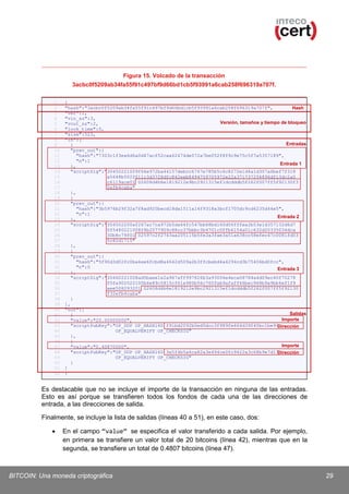 Figura 15. Volcado de la transacción
3acbc0f5209ab34fa55f91c497bf9d66bd1cb5f93991a6cab258f696319a707f.
1
2
3
4
5
6
7
8
9
10
11
12
13
14
15
16
17
18
19
20
21
22
23
24
25
26
27
28
29
30
31
32
33
34
35
36
37
38
39
40
41
42
43
44
45
46
47
48
49
50
51
52

{
"hash":"3acbc0f5209ab34fa55f91c497bf9d66bd1cb5f93991a6cab258f696319a707f",
Hash
"ver":1,
"vin_sz":3,
Versión, tamaños y tiempo de bloqueo
"vout_sz":2,
"lock_time":0,
"size":523,
"in":[
Entradas
{
"prev_out":{
"hash":"7303c1f3ea6d6a0d47acf52caa62474de072a7be052f8f9c9e75c5f7a5357189",
"n":1
Entrada 1
},
"scriptSig":"30450221009f66e972ba44157debcc6767e785b5c6c8272e1d4a1d307a6bef7f318
a5648b5022011c3d3728dfc842eeb8494759705972e22a371737254896df13dc2a0
c6119ace01 02608d4b6e1819212e9bc2921315ef1dcdddb5f262f007ff5f92130f3
2efb4caba"
},
{
"prev_out":{
"hash":"3b5976b29f32a7f8ad920becd18da1511a14f9318a3bcf1705dc9cd6235d44e5",
"n":1
Entrada 2
},
"scriptSig":"304502200af267ac7ca972b5da64fc547bb68bd160d06fffea2b53e1d357132d6d7
0f5480221008f4b2077909c88cc37bbbc3b4701c0ffb6154a01c632d20335034dca
30b8c79f01 02597c2f2743aa205115b5fe3a3fae3a51a638cc58efec47c0081fd03
5c82d1715"
},
{
"prev_out":{
"hash":"5f90d3d02fc0ba4ee6fcbd8a4642d509a2b3ffcbebd4a4294cd3b75406bd0fcc",
"n":0
Entrada 3
},
"scriptSig":"30460221008ad5baee1e2a967aff997826b3a93006e4eca08784a4d09ec40f70278
f0fa902022100b6e89c5815cf61e980b56c760fab9afaff66bec968b9a9bb6ef1f9
aee508293201 02608d4b6e1819212e9bc2921315ef1dcdddb5f262f007ff5f92130
f32efb4caba"
}
],
"out":[
Salidas
{
Importe
"value":"20.00000000",
"scriptPubKey":"OP_DUP OP_HASH160 f91bd2092b0ed5dcc3f989fe664d39f40bc1be99
Dirección
OP_EQUALVERIFY OP_CHECKSIG"
},
{
Importe
"value":"0.40870000",
"scriptPubKey":"OP_DUP OP_HASH160 3e5f4b5a6ca82a3e494ce0fc9422a3c68b9e7d17
Dirección
OP_EQUALVERIFY OP_CHECKSIG"
}
]
}

Es destacable que no se incluye el importe de la transacción en ninguna de las entradas.
Esto es así porque se transfieren todos los fondos de cada una de las direcciones de
entrada, a las direcciones de salida.
Finalmente, se incluye la lista de salidas (líneas 40 a 51), en este caso, dos:
•

En el campo “value” se especifica el valor transferido a cada salida. Por ejemplo,
en primera se transfiere un valor total de 20 bitcoins (línea 42), mientras que en la
segunda, se transfiere un total de 0.4807 bitcoins (línea 47).

BITCOIN: Una moneda criptográfica

29

 