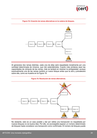 Figura 18. Creación de ramas alternativas en la cadena de bloques.

Al generarse dos ramas distintas, cada una de ellas será respaldada inicialmente por una
cantidad determinada de mineros, que irán extendiéndola. Cuanto más similares sean las
capacidades de cómputo de las ramas, más se tardará en resolver la ambigüedad, aunque
eventualmente una de las ramas recibirá un nuevo bloque antes que la otra y prevalecerá
sobre ella, como se muestra en la Figura 19.
Figura 19. Resolución de ramas alternativas.

No obstante, esto es un caso posible y dar por válida una transacción no respaldada por
nuevos bloques no es buena idea. Por ello, es aconsejable esperar un número determinado
de bloques hasta considerar una transacción como confirmada. El número de bloques puede

BITCOIN: Una moneda criptográfica

34

 