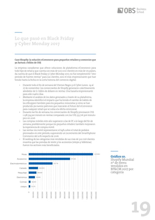 19
Caso Shopify:la solución eCommerce para pequeños retailers y comercios que
ya factura 1 billón de US$
La empresa canadiense que ofrece soluciones de plataforma eCommerce para
todo tipo de retail y que cuenta con más de 500.000 clientes en más de 175 países,
da cuenta de que el Black Friday y Cyber Monday 2017, no fue simplemente“otro
período de fuertes ventas” para sus clientes, sino el más impresionante que han
tenido hasta la fecha en la corta historia del comercio digital.
•	 Durante todo el fin de semana del Viernes Negro y el Cyber Lunes- 24 al
27 de noviembre- los comerciantes de Shopify generaron colectivamente
alrededor de $ 1 billón de dólares en ventas.Una hazaña impresionante
para sólo cuatro días.
•	 Mediante el análisis de los datos generados a través de su plataforma,
la empresa identificó el impacto que ha tenido el cambio de hábito de
los eShoppers también para los pequeños minoristas y cómo se han
producido ya nuevos patrones que marcarán el futuro del eCommerce
para cualquier retail que se suba a la oferta omnicanal.
•	 Durante ese fin de semana,los comerciantes de Shopify procesaron US$
1.138.574 por minuto en ventas comparado con los US$ 555.716 por minuto-
pico en 2016
•	 Las compras móviles este año superaron a las de PC a lo largo del fin de
semana,posiblemente porque los pequeños retailers también mejoraron
la experiencia de compra móvil.
•	 Las ventas vía móvil representaron el 64% sobre el total de pedidos
procesados en este período,suponiendo un incremento del Smarthphone
Commerce del 10% respecto de 2016.
•	 El ranking de las categorías más vendidas de sus más de 500 mil clientes
muestra que las prendas de vestir y los accesorios (relojes y billeteras)
fueron los sectores más beneficiados.
Lo que pasó en Black Friday
y Cyber Monday 2017
0
100.000
200.000
300.000
400.000
500.000
600.000
700.000
800.000
900.000
1.000.000
1.100.000
1.200.000
1.300.000
1.400.000
1.500.000
Accesorios
Calzado
Maquillaje
Electrónica
Comida
Juegos
Moda
Electrodomésticos
Gráfico 10.
Shopify Mundial
nº de items
vendidos en
BF&CM 2017 por
categoría
1.423.864
917.346
531.776
202.804
169.609
140.813
36.600
32.274
 