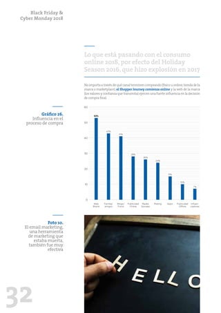 Black Friday &
Cyber Monday 2018
32
Lo que está pasando con el consumo
online 2018,por efecto del Holiday
Season 2016,que hizo explosión en 2017
No importa a través de qué canal terminen comprando (físico u online,tienda de la
marca o marketplace), el Shopper Journey comienza online y la web de la marca
(los valores y confianza que transmita) ejercen una fuerte influencia en la decisión
de compra final.
Gráfico 26.
Influencia en el
proceso de compra
10
20
40
30
50
60
0
Web
Brand
Familia/
amigos
Blogs/
Foros
Publicidad
Online
Redes
Sociales
Mailing Apps Publicidad
Offline
Influen-
ciadores
53%
43%
41%
28%
26%
24%
15%
10%
7%
Foto 10.
El email marketing,
una herramienta
de marketing que
estaba muerta,
también fue muy
efectiva
 