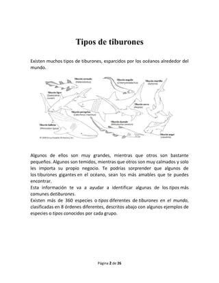 Tipos de tiburones

Existen muchos tipos de tiburones, esparcidos por los océanos alrededor del
mundo.




Algunos de ellos son muy grandes, mientras que otros son bastante
pequeños. Algunos son temidos, mientras que otros son muy calmados y solo
les importa su propio negocio. Te podrías sorprender que algunos de
los tiburones gigantes en el océano, sean los más amables que te puedes
encontrar.
Esta información te va a ayudar a identificar algunas de los tipos más
comunes detiburones.
Existen más de 360 especies o tipos diferentes de tiburones en el mundo,
clasificadas en 8 órdenes diferentes, descritos abajo con algunos ejemplos de
especies o tipos conocidos por cada grupo.




                                Página 2 de 26
 